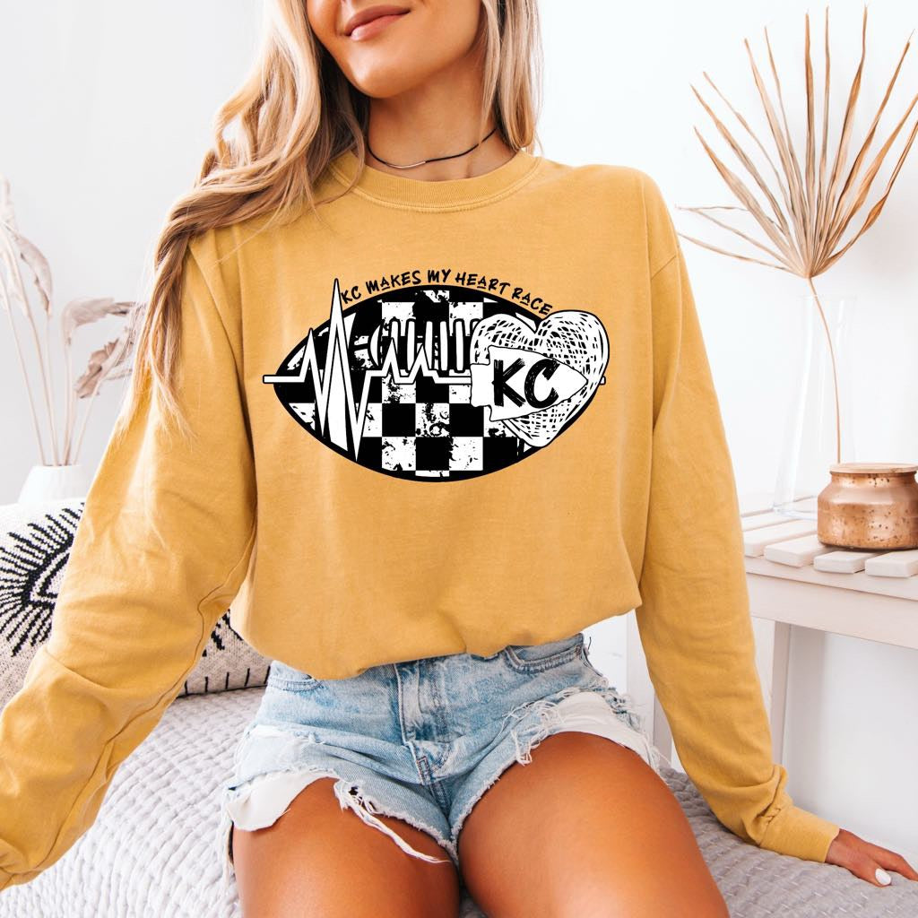 Black & White KC Makes My Heart Race Mustard Long Sleeve Tee