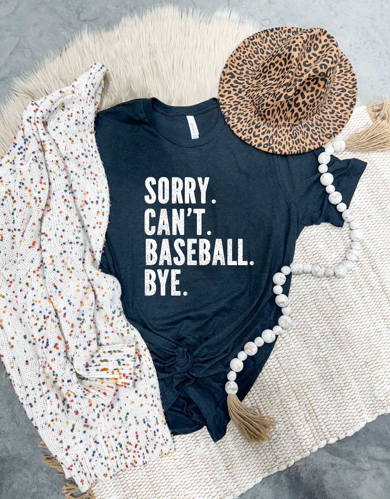 White Distressed Sorry Can’t Baseball Bye Heather Black Tee