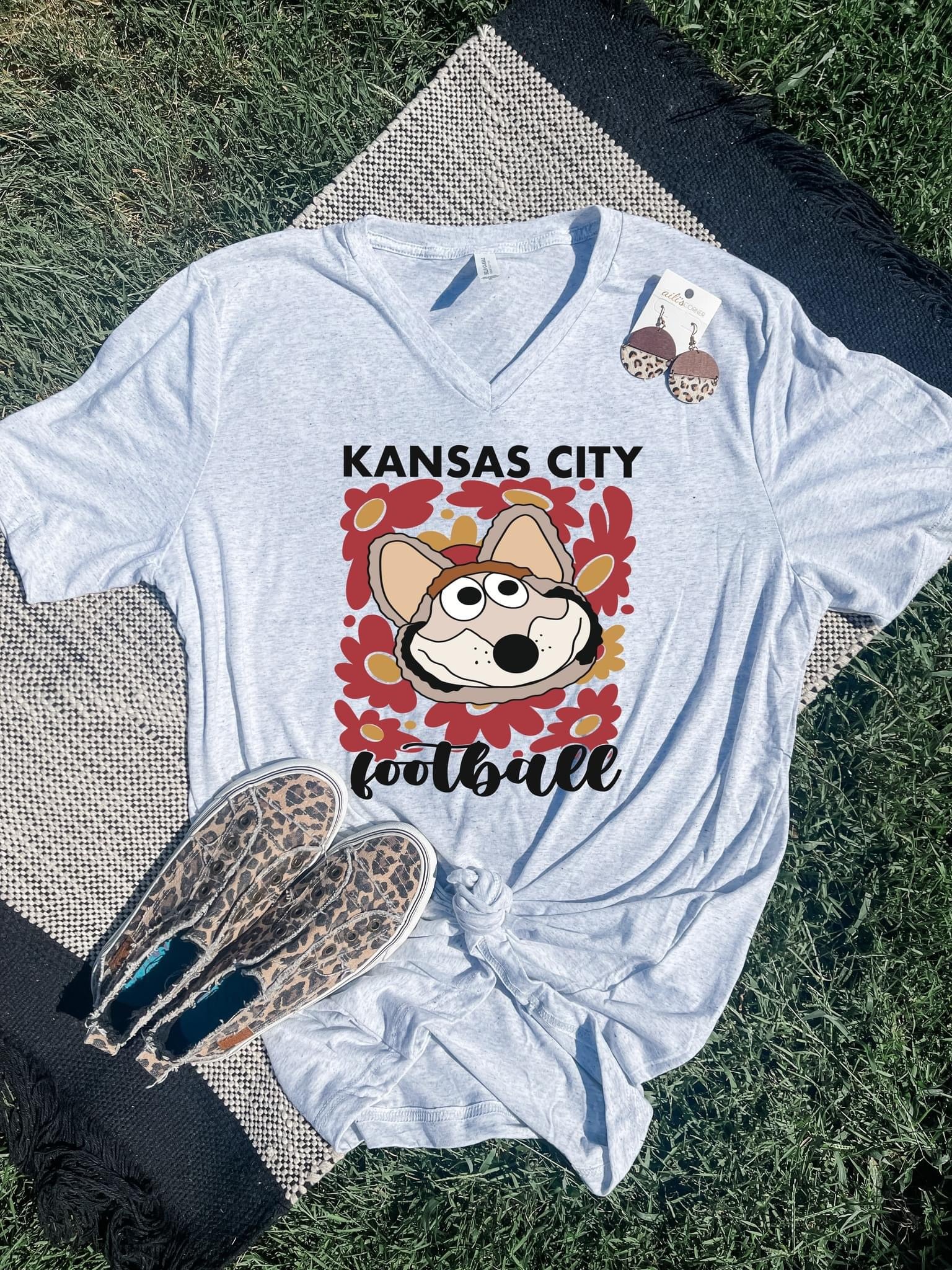 Kansas City Football Red & Gold Daisies Ash V-Neck