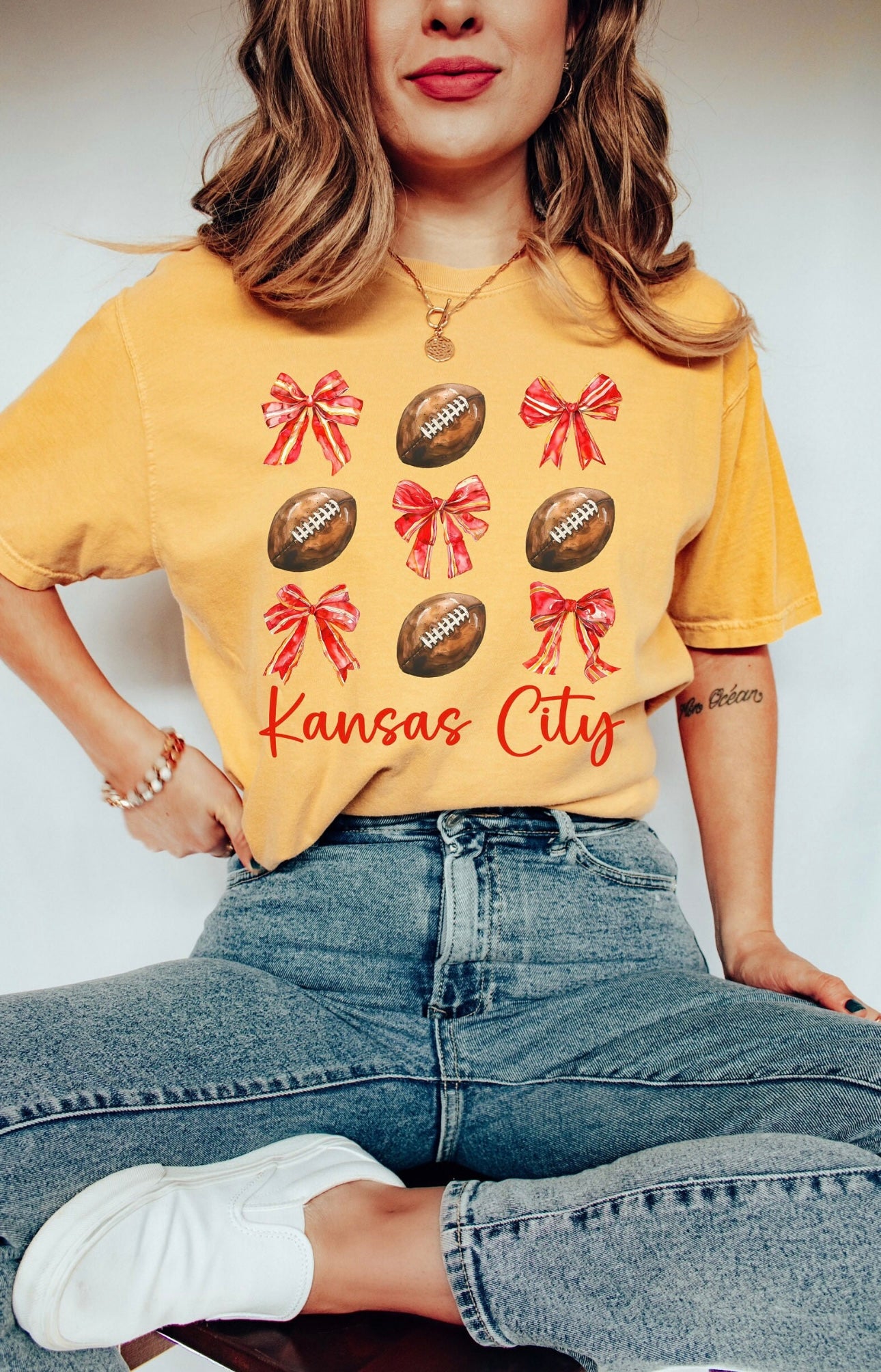 Red Bows & Football Kansas City Mustard Tee