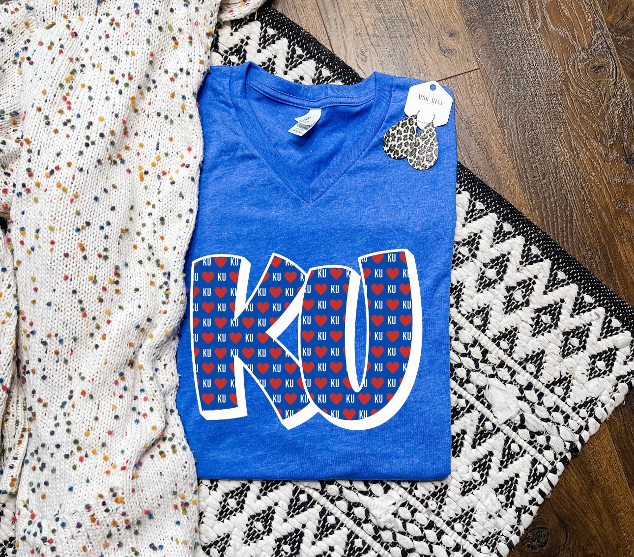 Red & Blue KU Hearts Heather Royal V-Neck