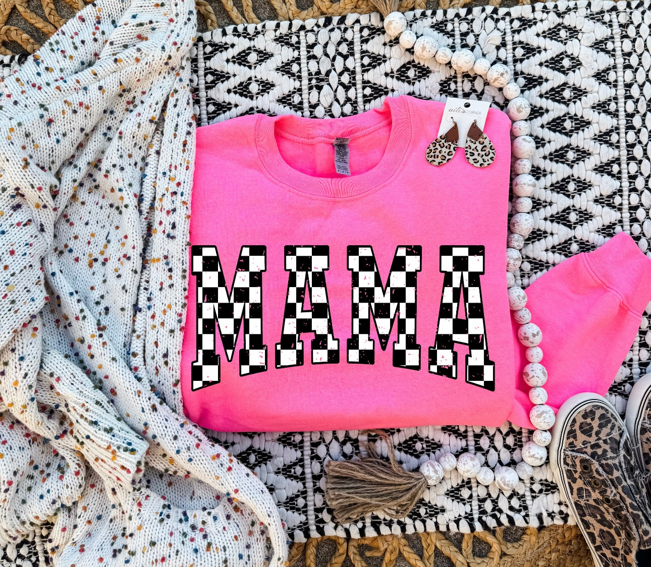 Distressed Black & White Mama Checkered Hot Pink Sweatshirt