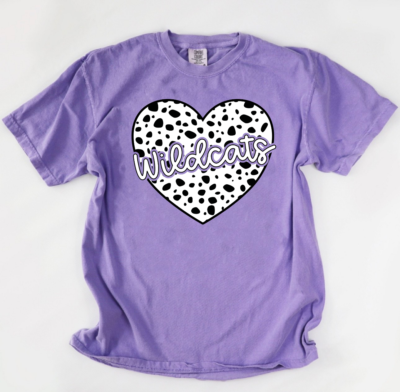 Spotted Heart Wildcats Script Violet Tee