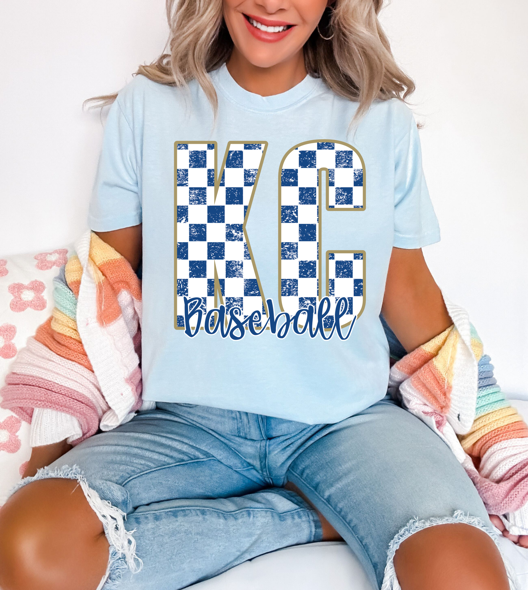 Distressed Checkered KC Baseball Chambray Tee