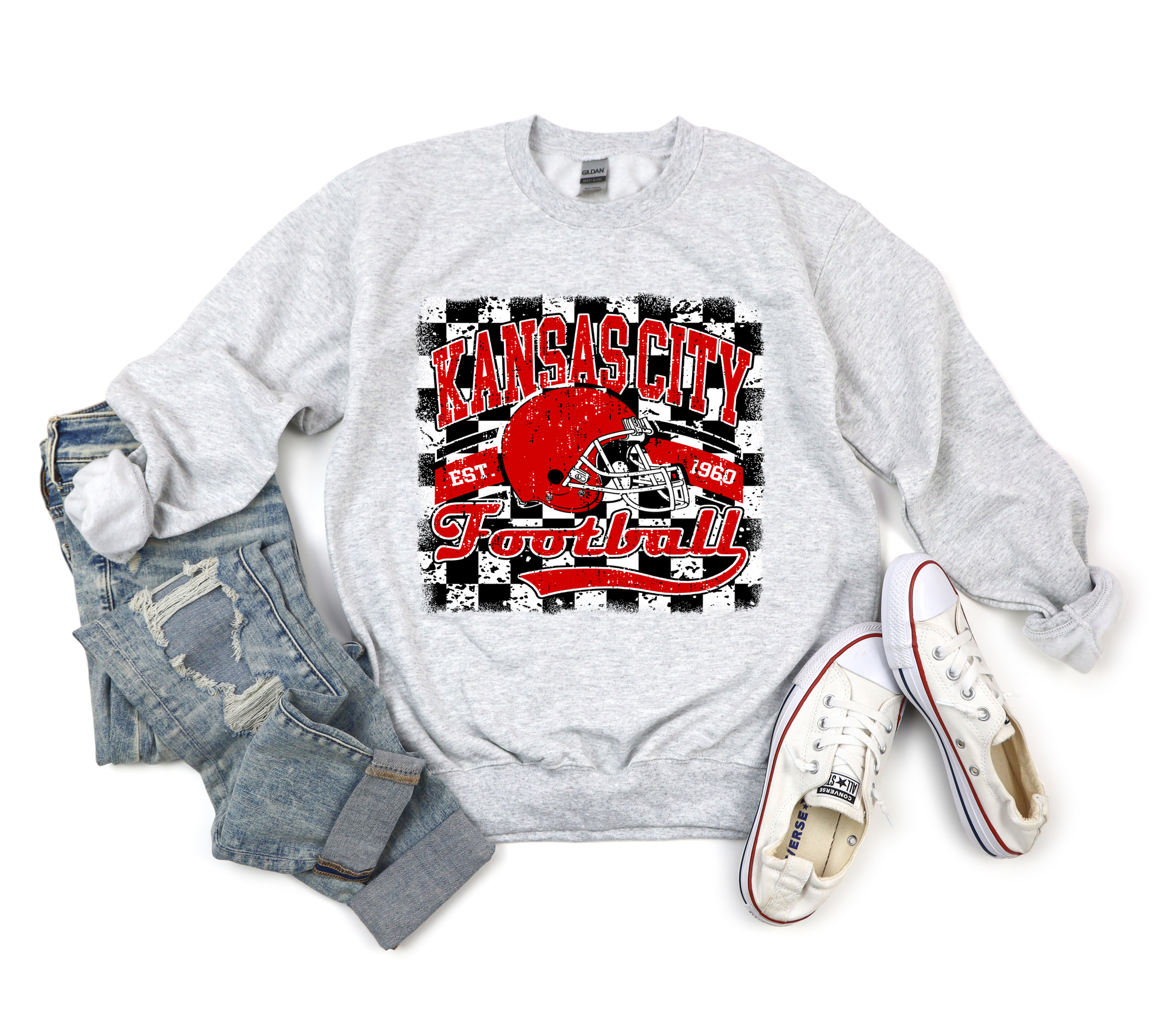 Kansas City Football Helmet Checkered Ash Sweatshirt