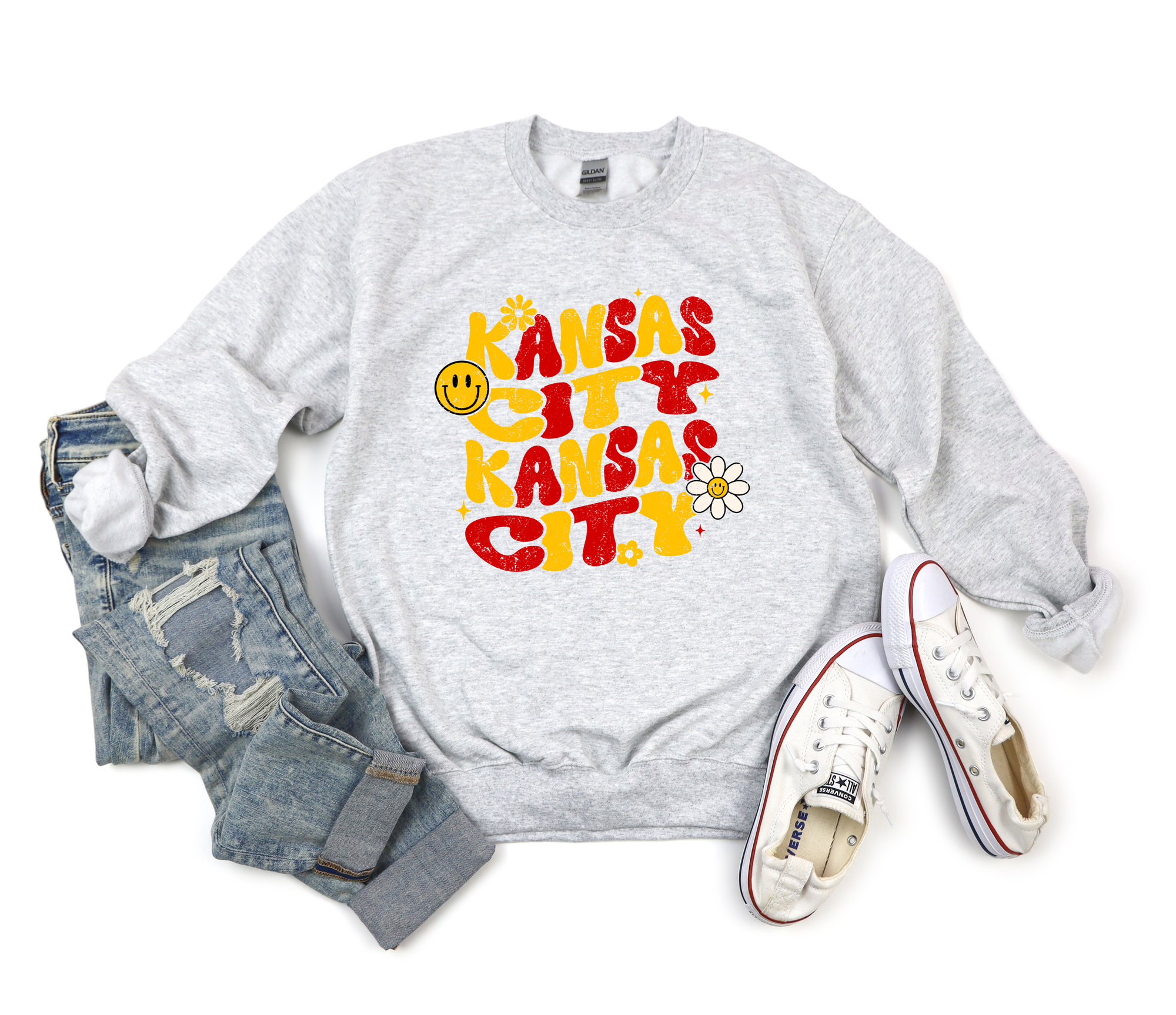 Distressed Kansas City Daisy Repeat Ash Sweatshirt