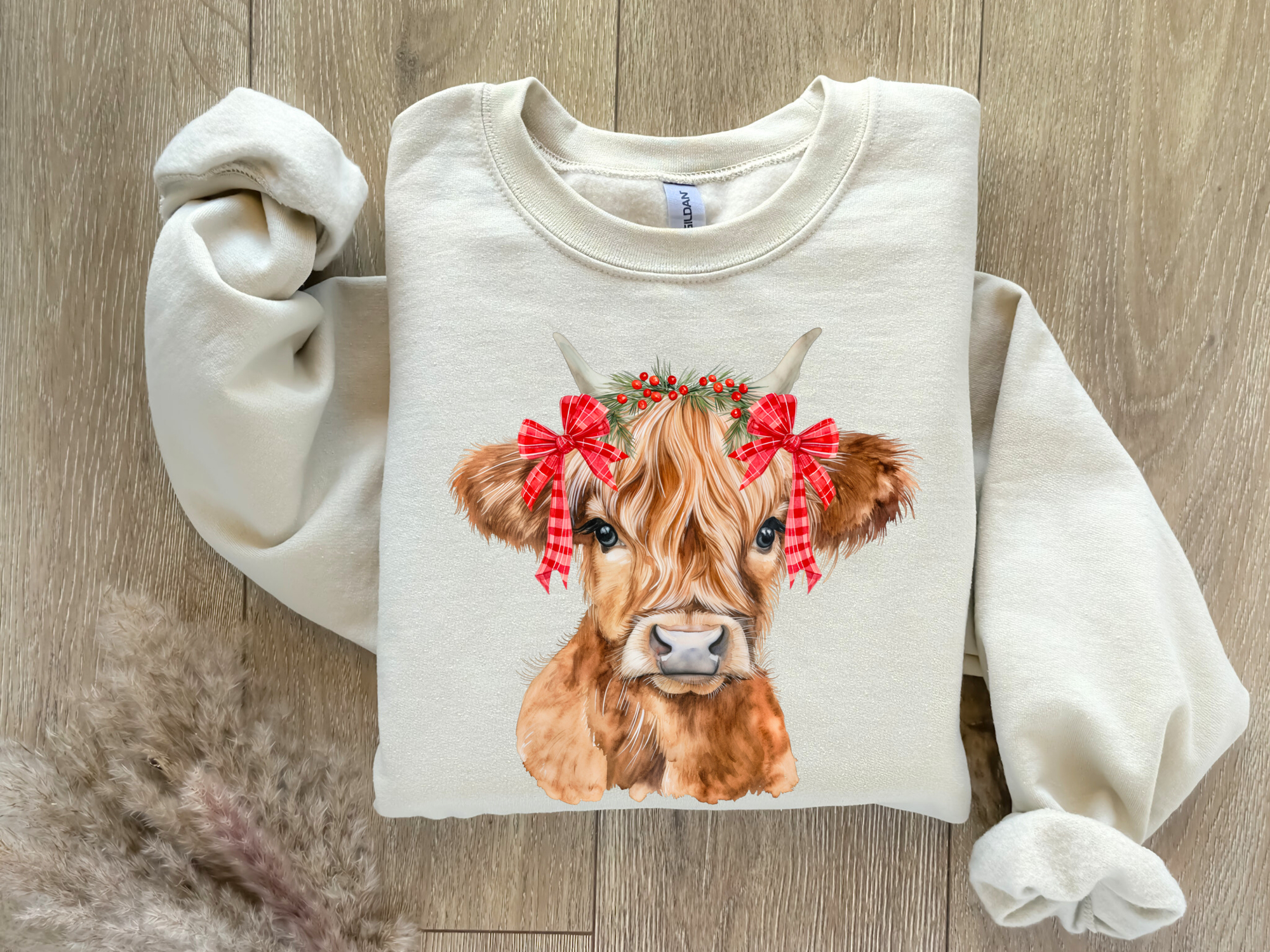 Christmas Bow Highland Cow Sand Sweatshirt