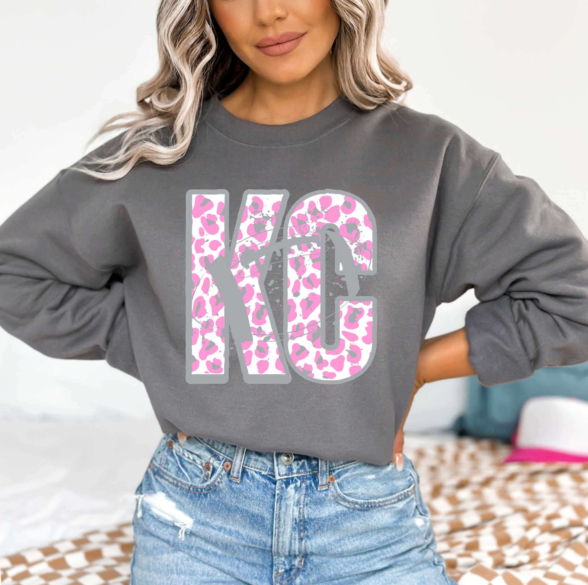 Pink KC Leopard Football Outline Charcoal Sweatshirt