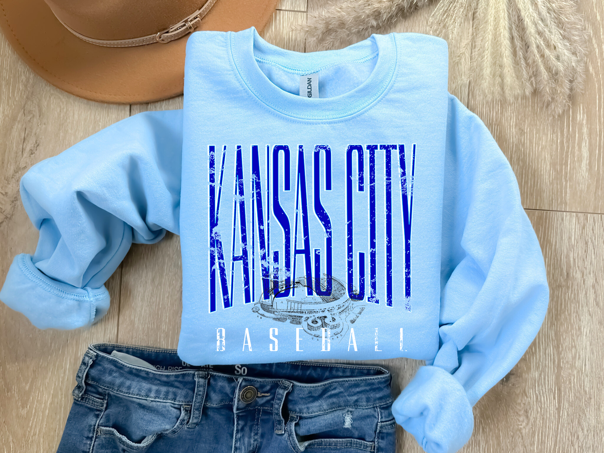 Distressed Royal Kansas City Baseball Light Blue Sweatshirt