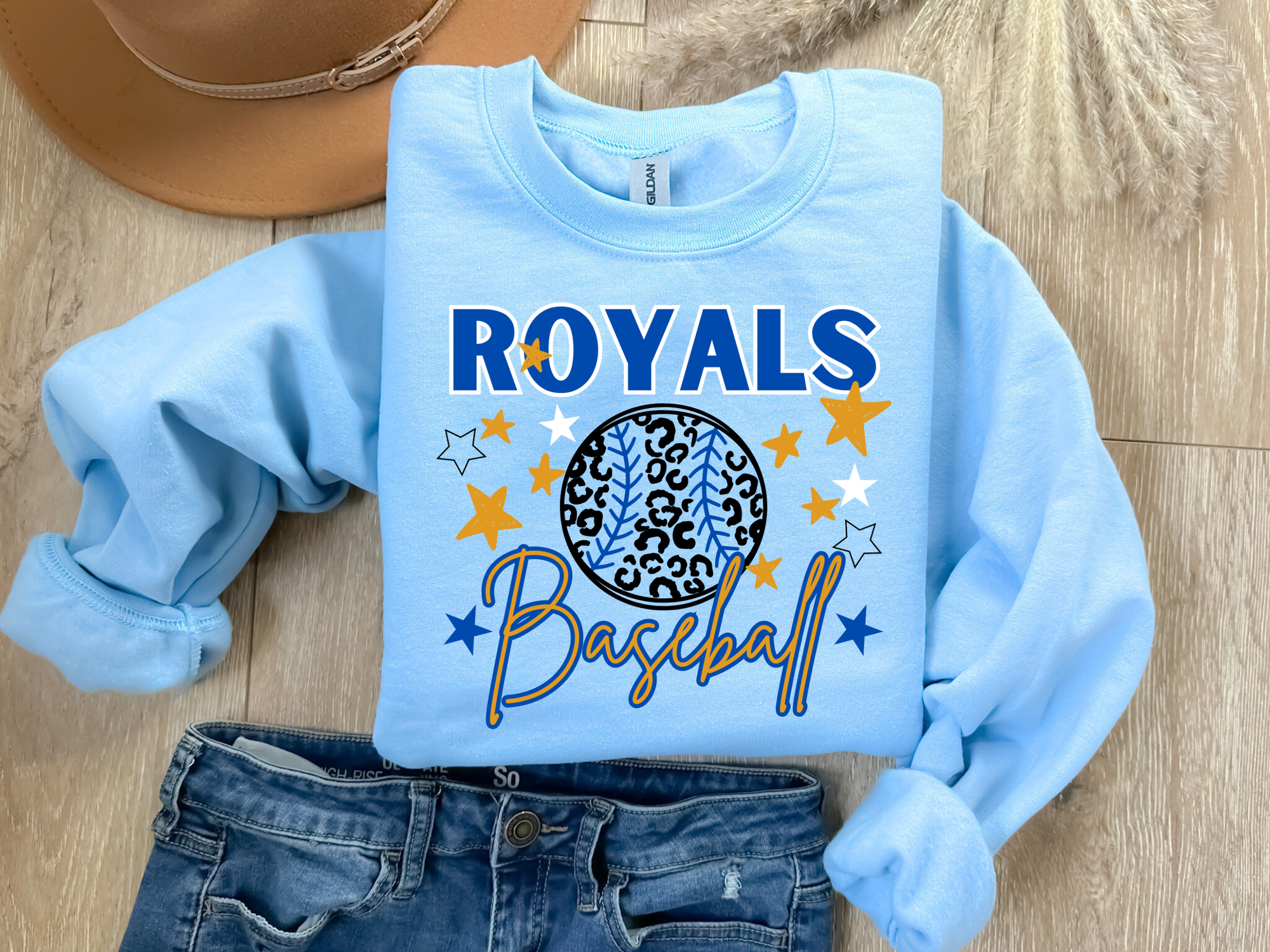 **DEAL OF THE DAY** Leopard Baseball & Stars Light Blue Sweatshirt