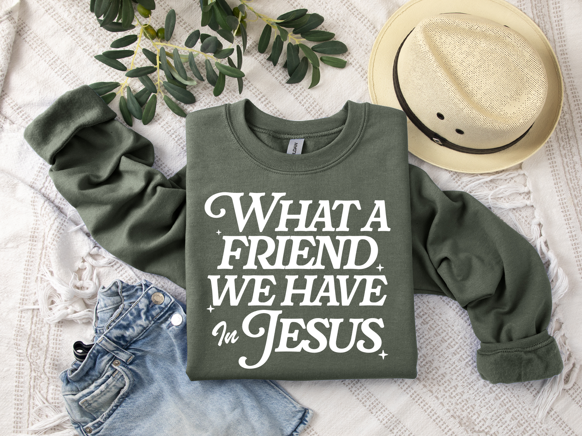 **DEAL OF THE DAY** What A Friend We Have In Jesus Military Green Sweatshirt