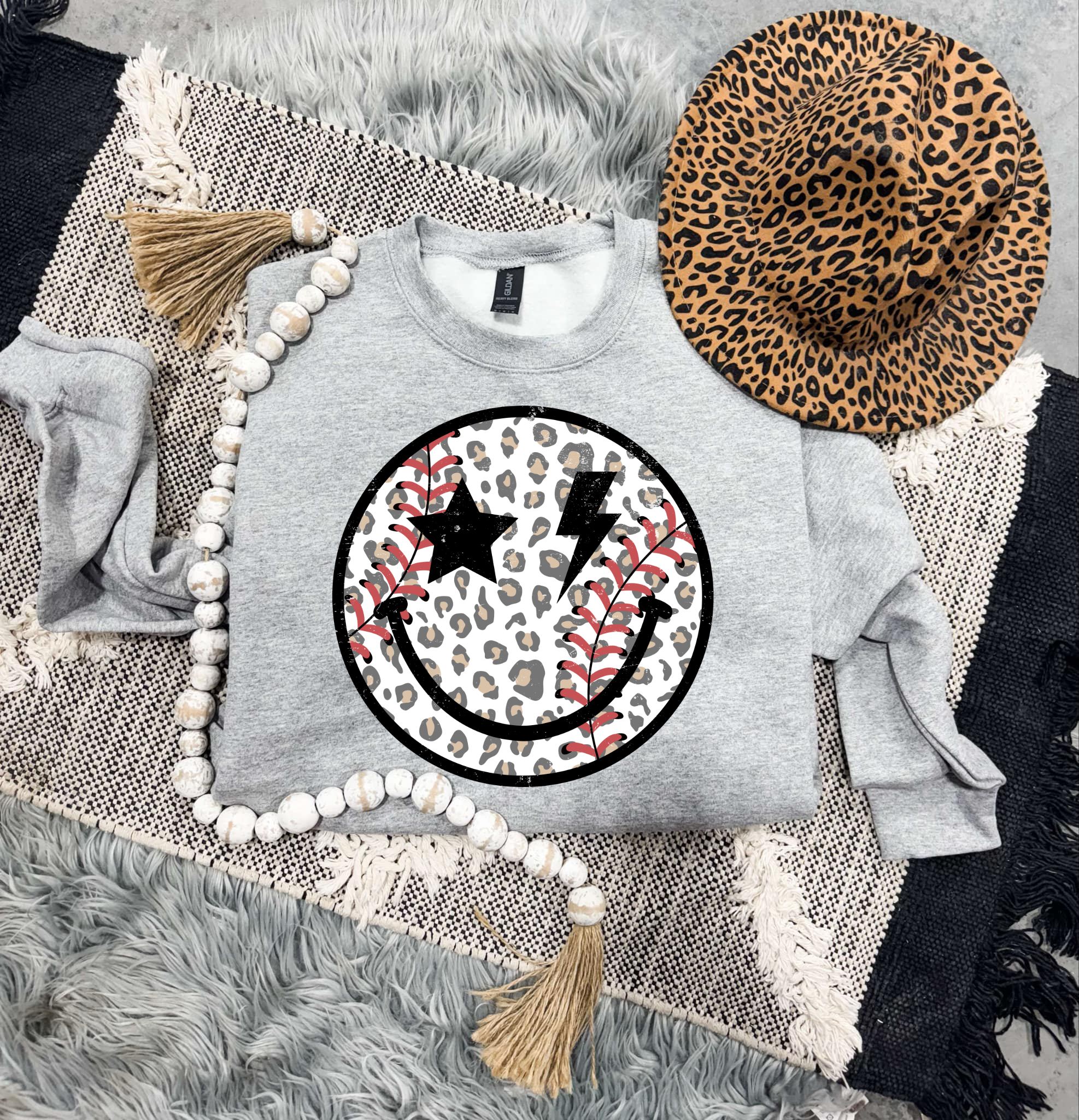 **DEAL OF THE DAY** Leopard Baseball Smiley Face Sports Grey Sweatshirt