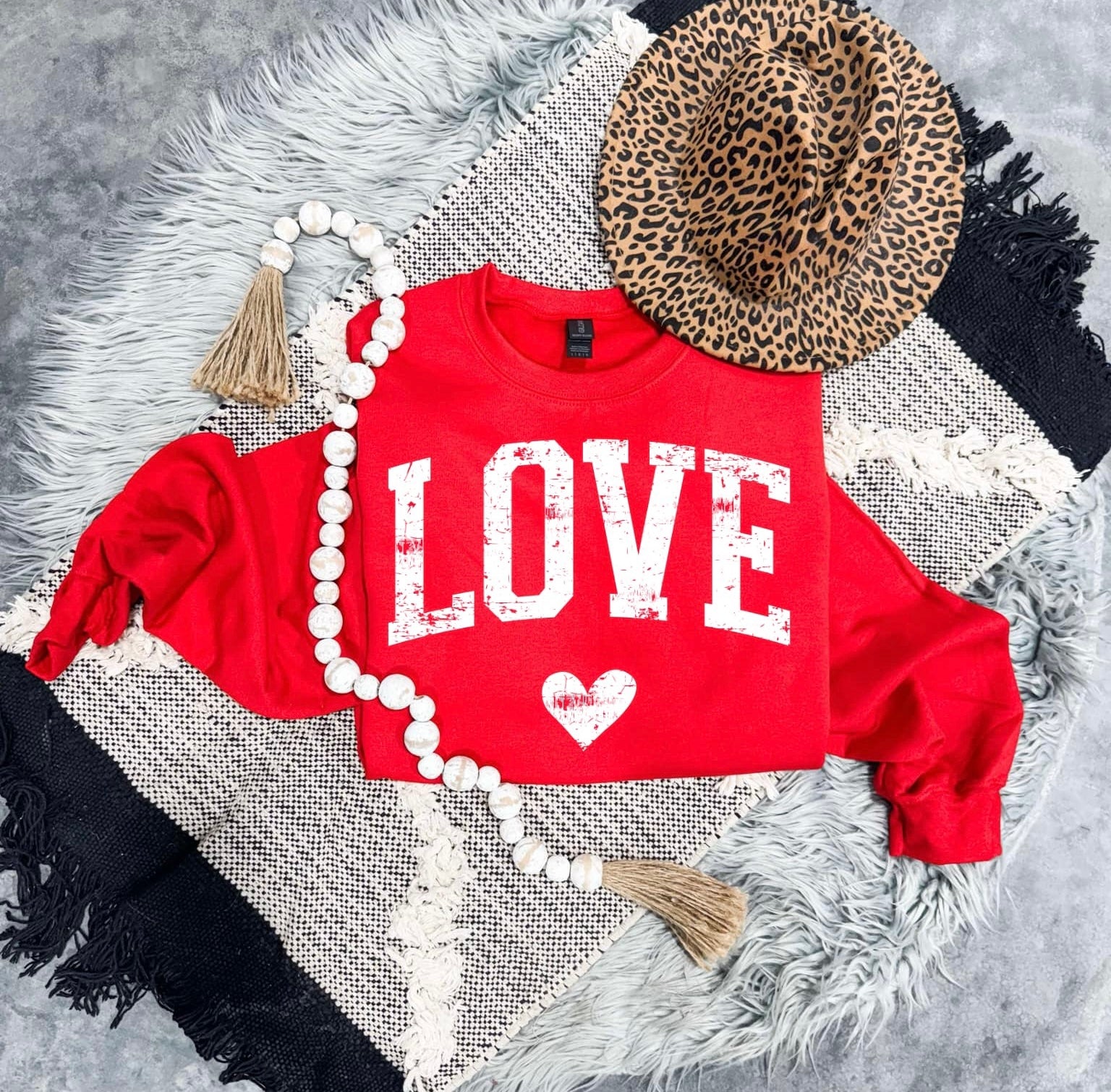 White Distressed Love Heart Red Sweatshirt