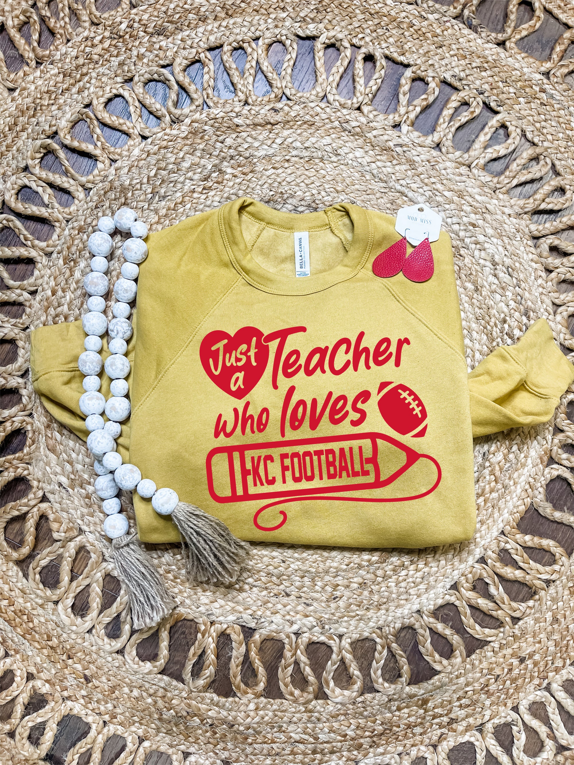 Red Just A Teacher Who Loves KC Football Football Mustard Sweatshirt