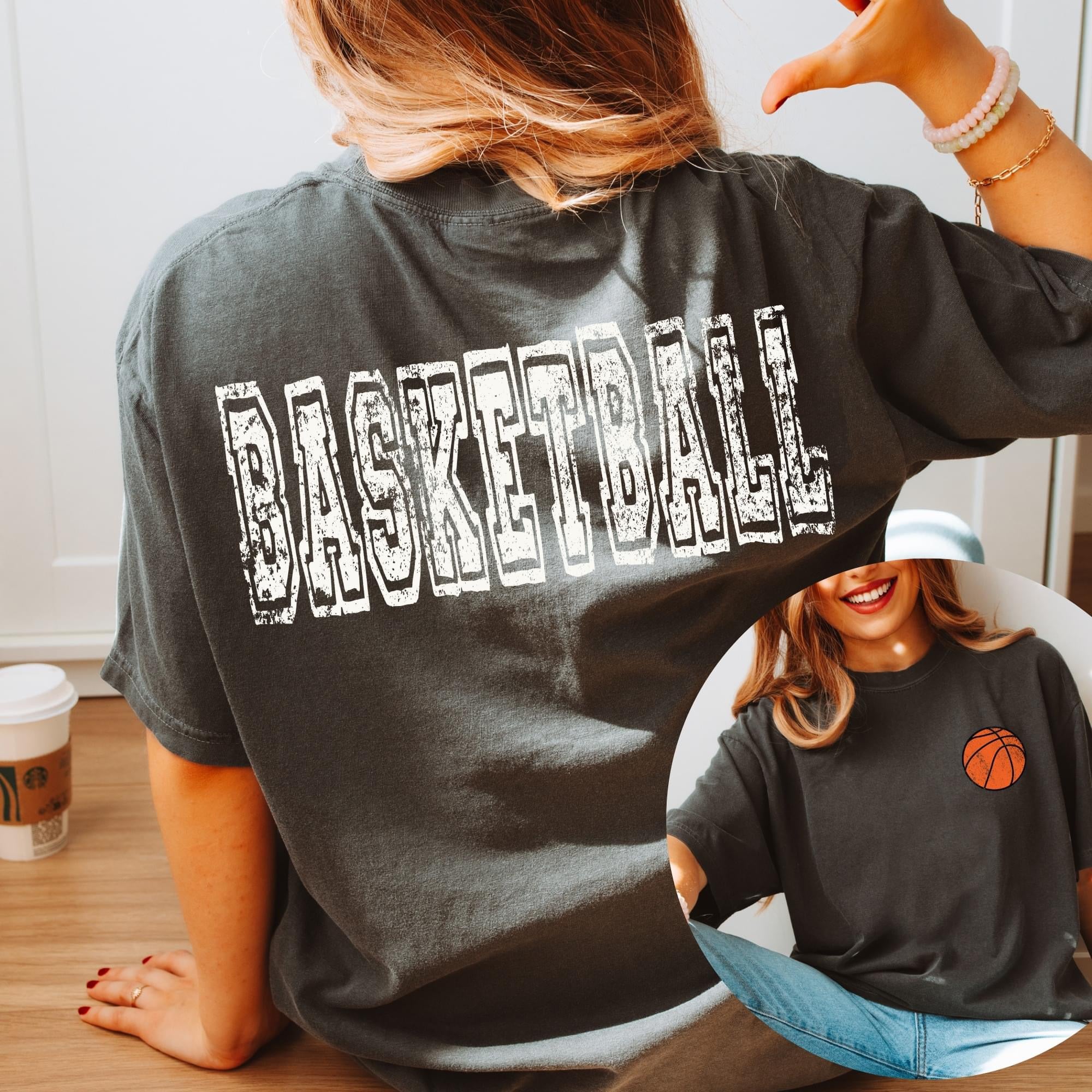 FRONT + BACK Distressed Basketball Pepper Tee