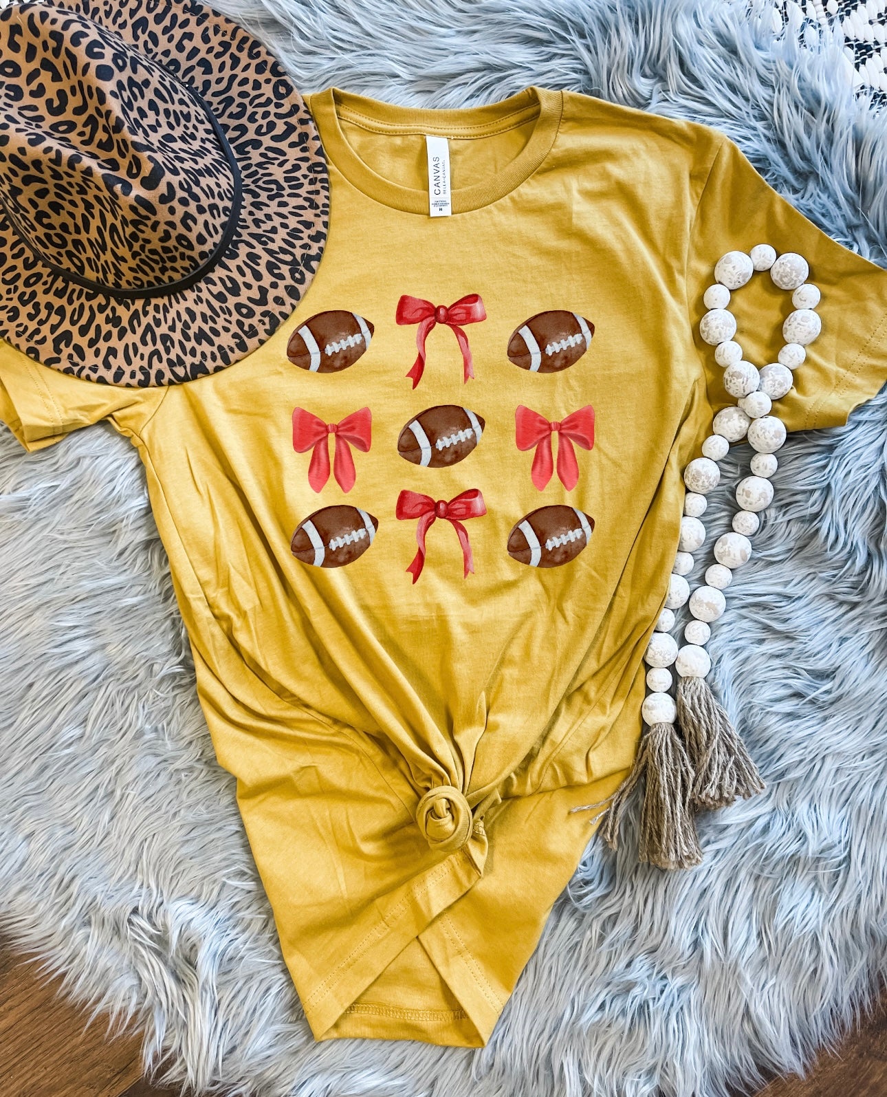 Bow & Football Collage Heather Mustard Tee