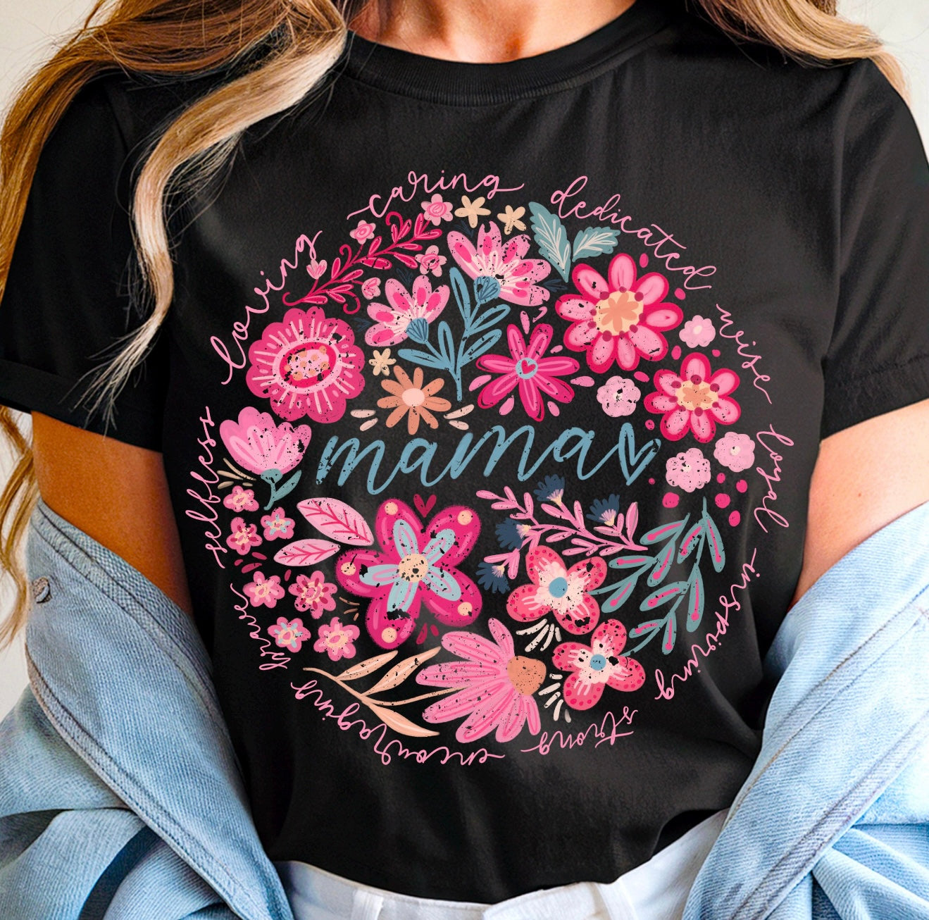 Pink & Teal Mama Circle Black Tee