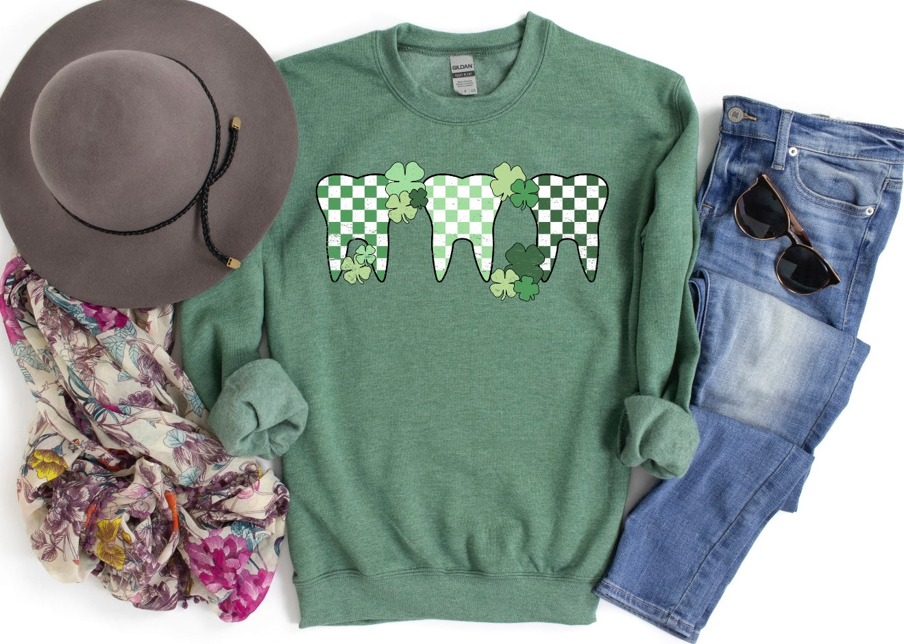 Lucky Checkered Distressed Teeth Heather Green Sweatshirt