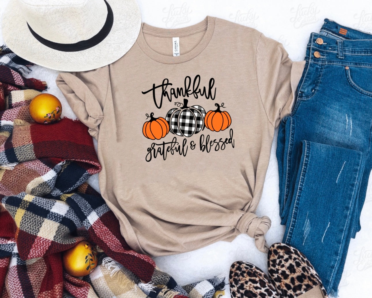 Thankful Grateful & Blessed Plaid & Orange Pumpkins Heather Tan Tee