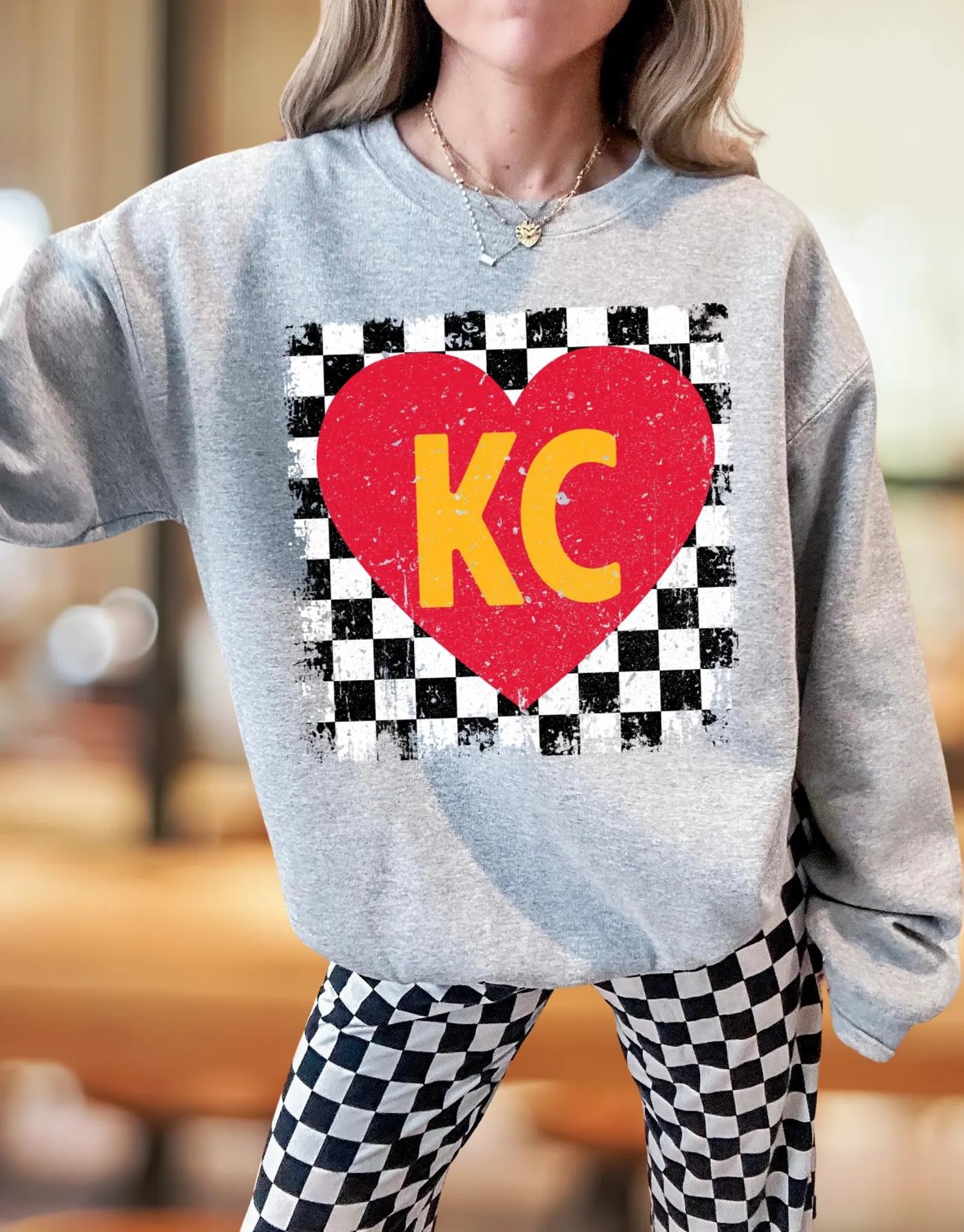 **HALFTIME DEAL** KC Heart Distressed Checkered Square Sports Grey Sweatshirt