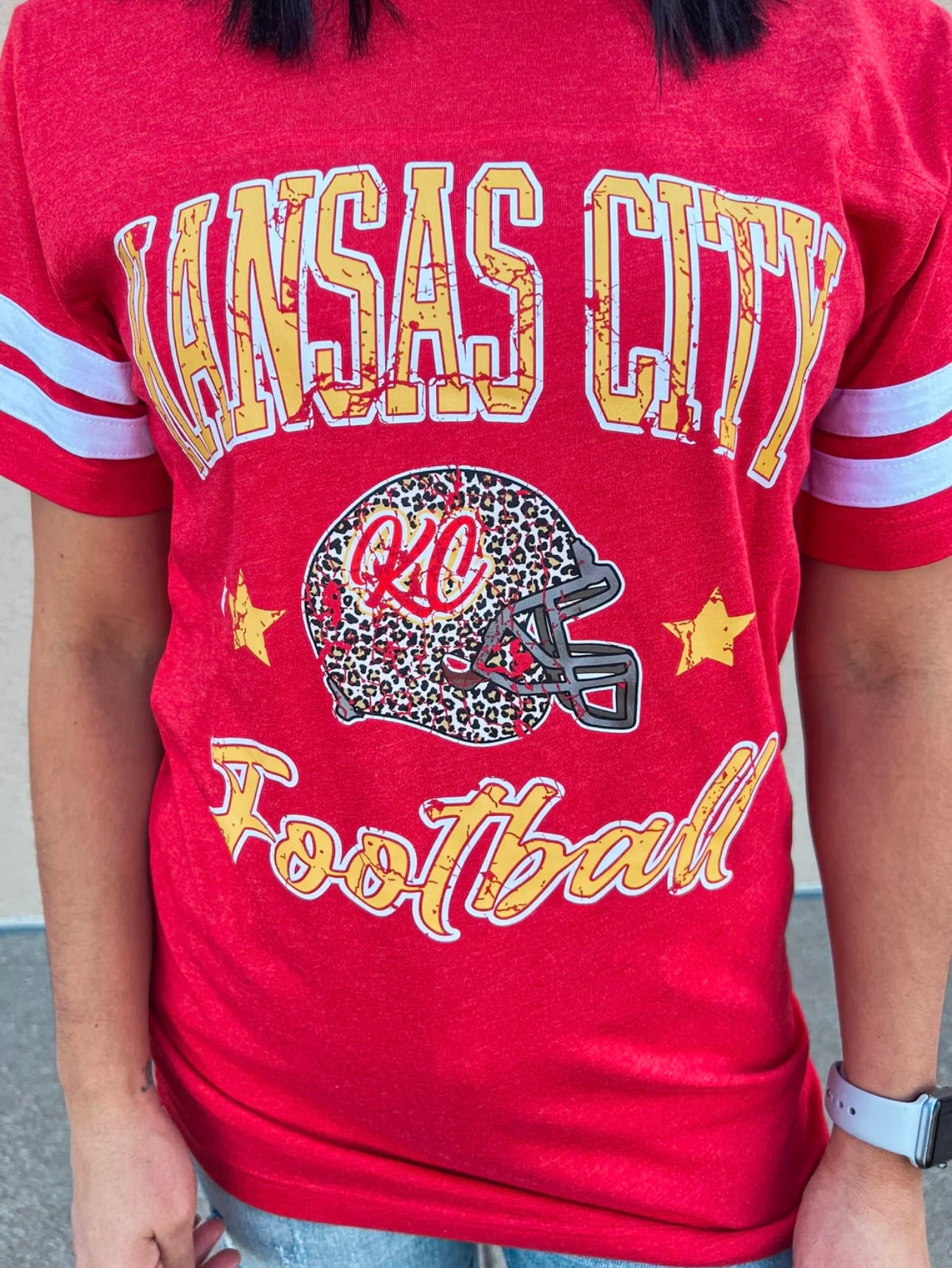 Distressed Gold Kansas City Football KC Leopard Helmet Red Striped Sleeve Tee