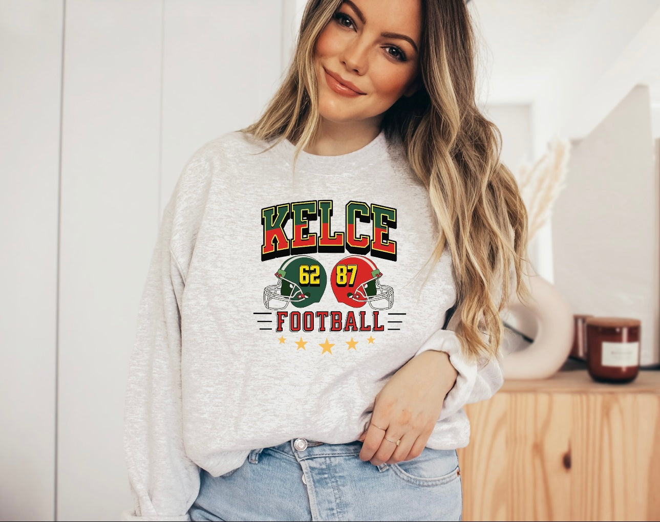 Colorful Kelce Football Helmets Ash Sweatshirt