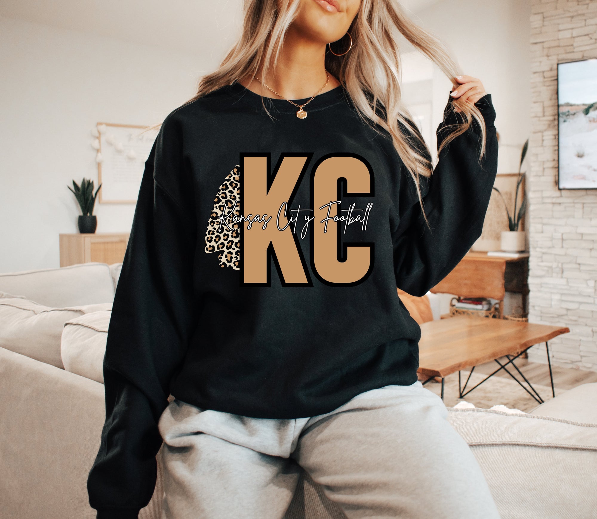 **DEAL OF THE DAY** Vertical Leopard Arrowhead Natural KC Football Black Sweatshirt