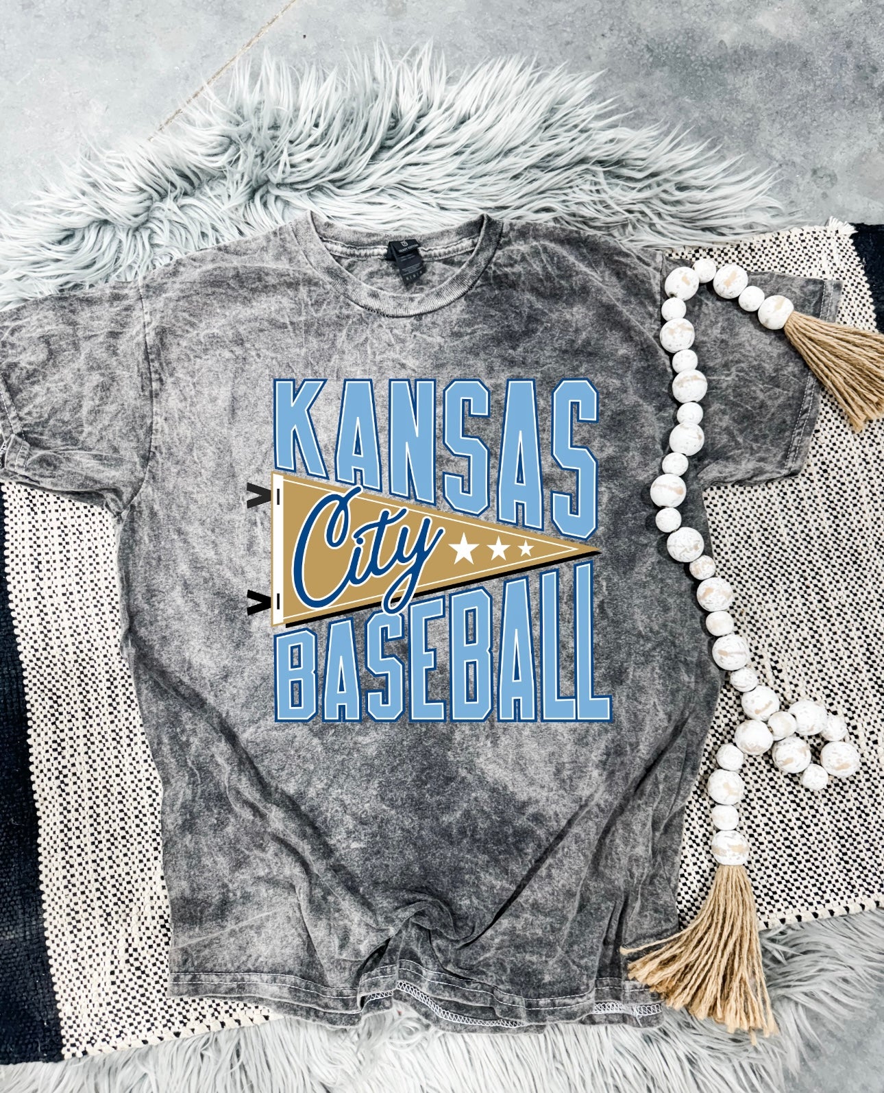 Kansas City Baseball Flag Grey Mineral Wash Tee