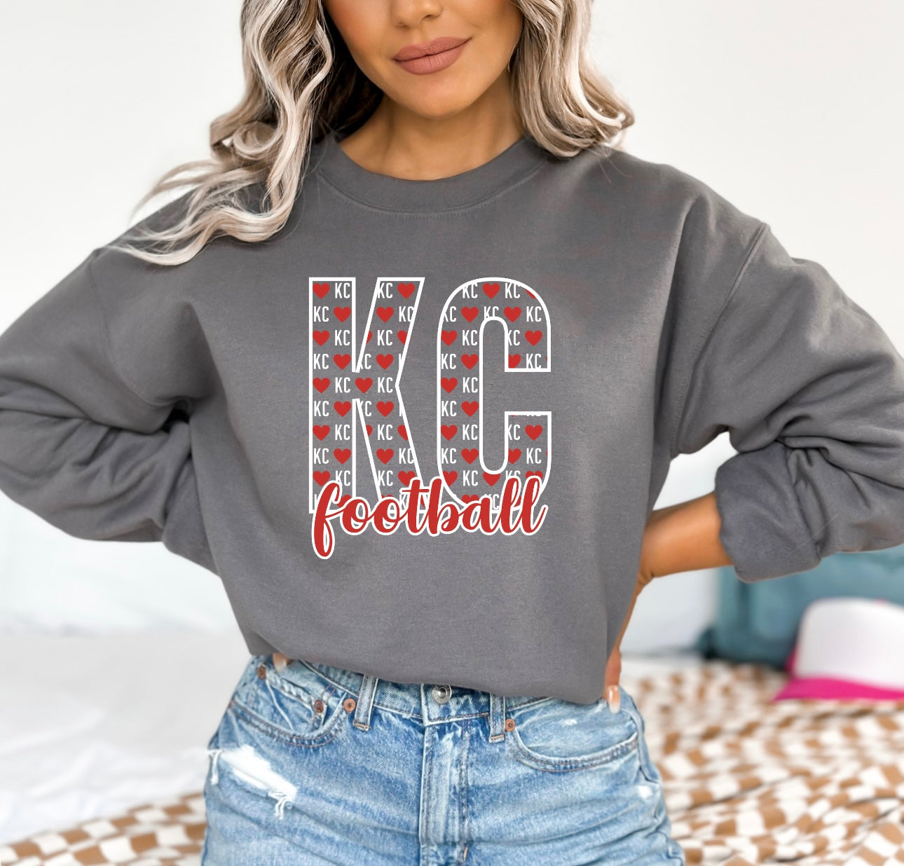 Red Heart KC Footbal Charcoal Sweatshirt