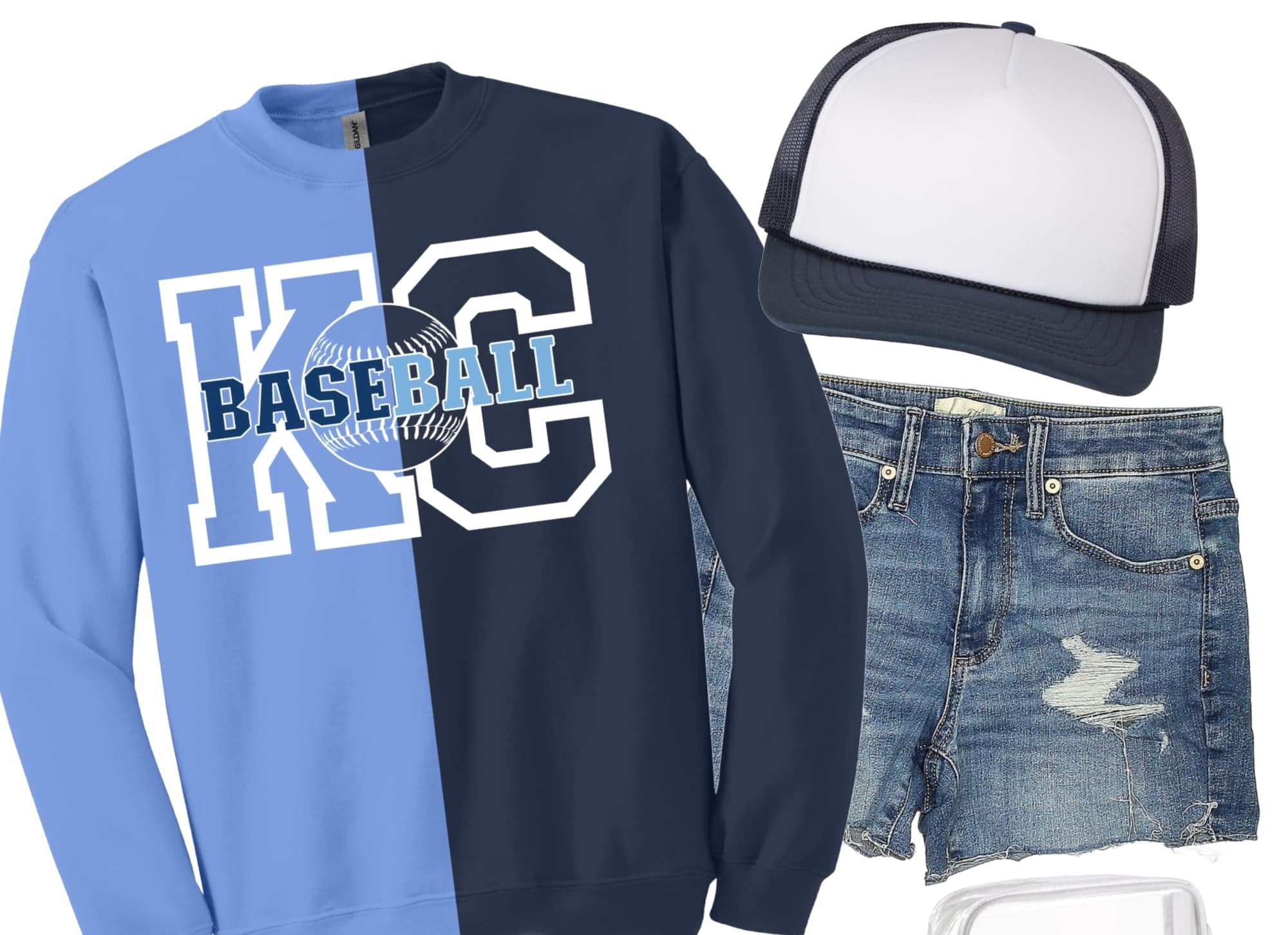 **PREORDER** White KC Baseball Stitching Blue & Navy Split Sweatshirt