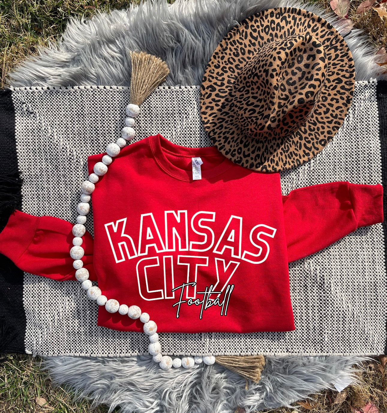 White Kansas City Outline Football Script Red Sweatshirt