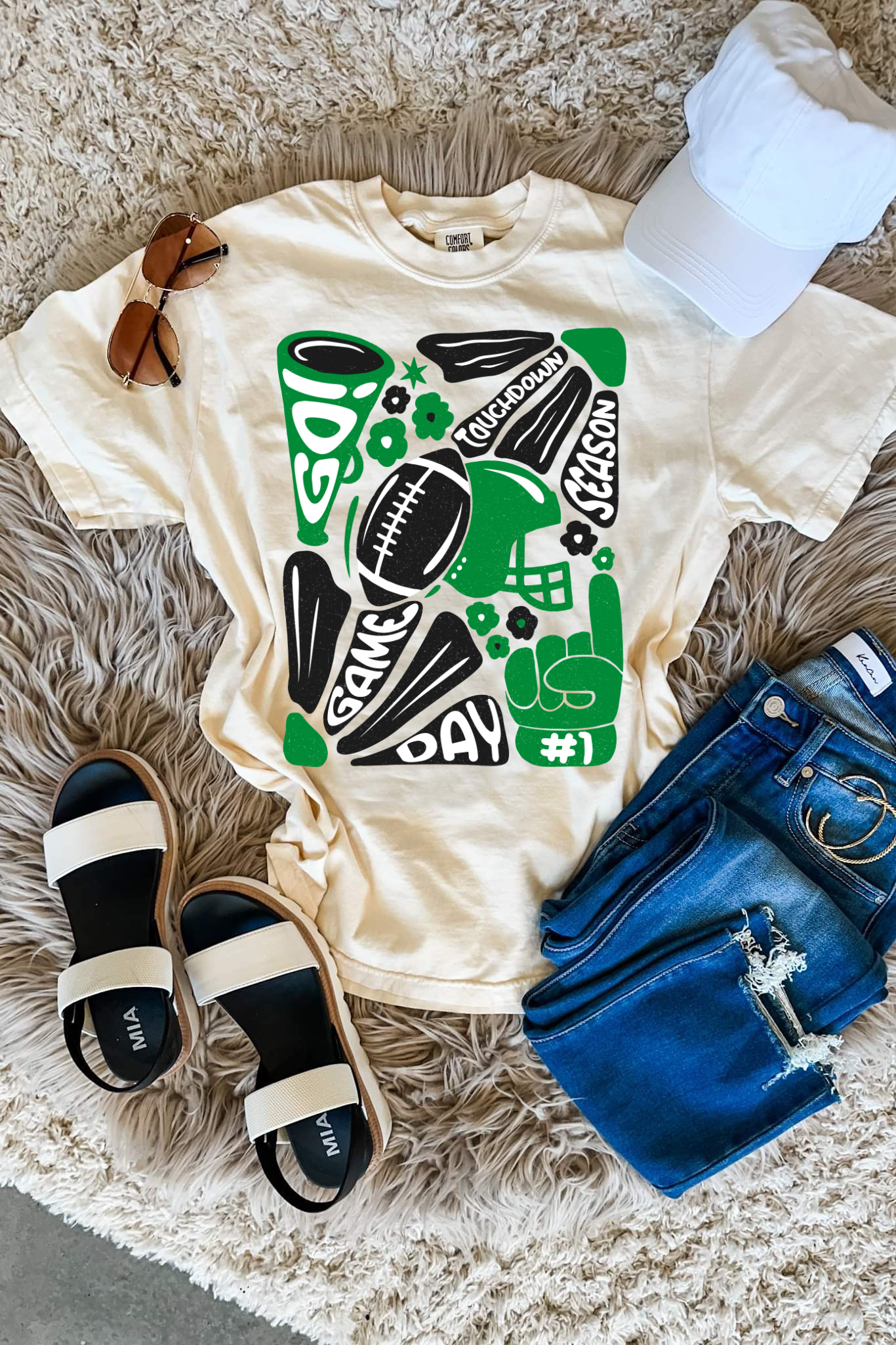 Black & Green Game Day Football Ivory Tee