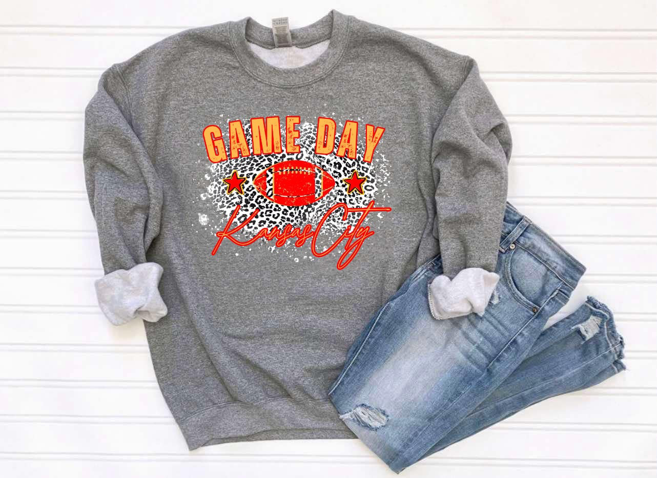 **HALFTIME DEAL** Leopard Background Game Day Kansas City Heather Graphite Sweatshirt