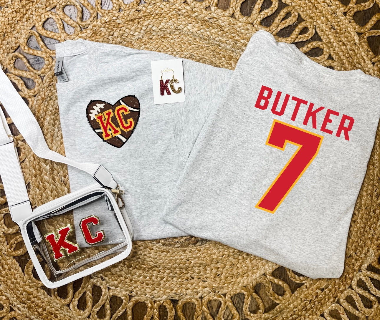 Front + Back KC Heart Football Butker Ash Tee