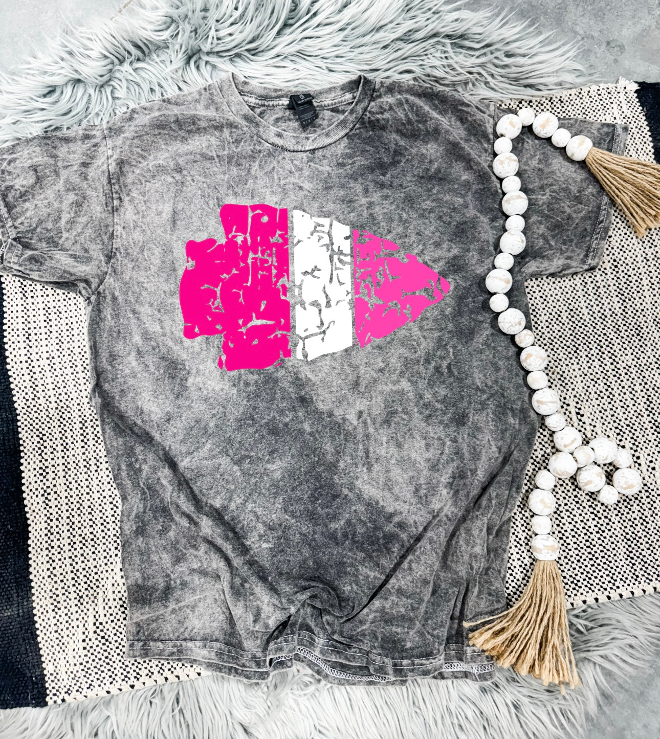 **HALFTIME DEAL** Pink Striped Arrowhead Grey Mineral Wash Tee