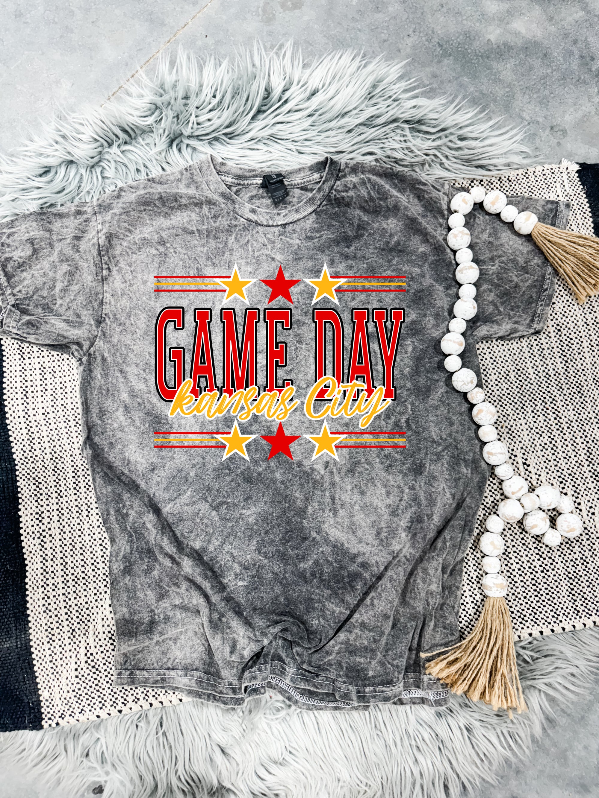 **HALFTIME DEAL** Red & Gold Stars Game Day Kansas City Grey Mineral Wash Tee