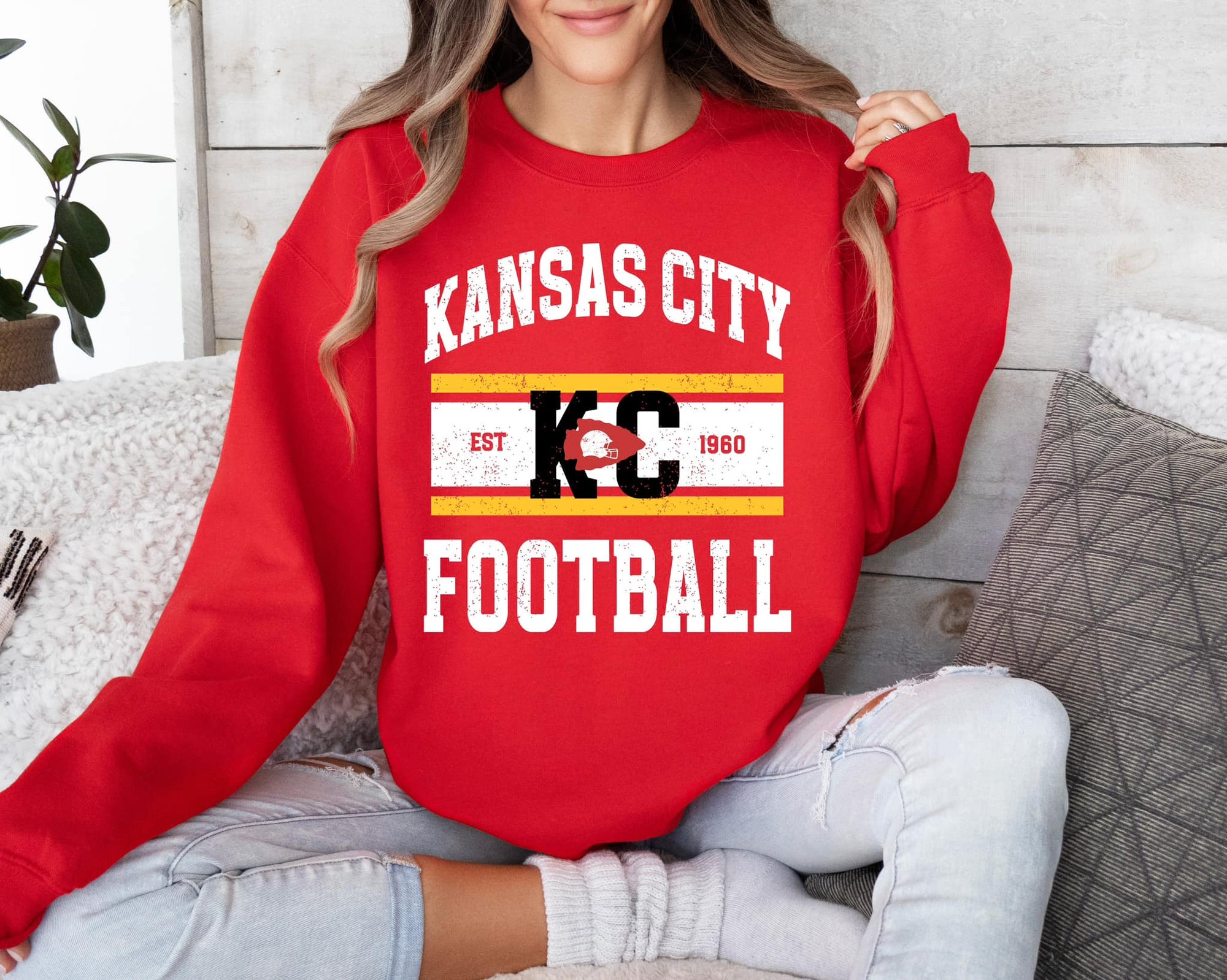 Retro Lined Kansas City Football Est. 1960 Red Sweatshirt