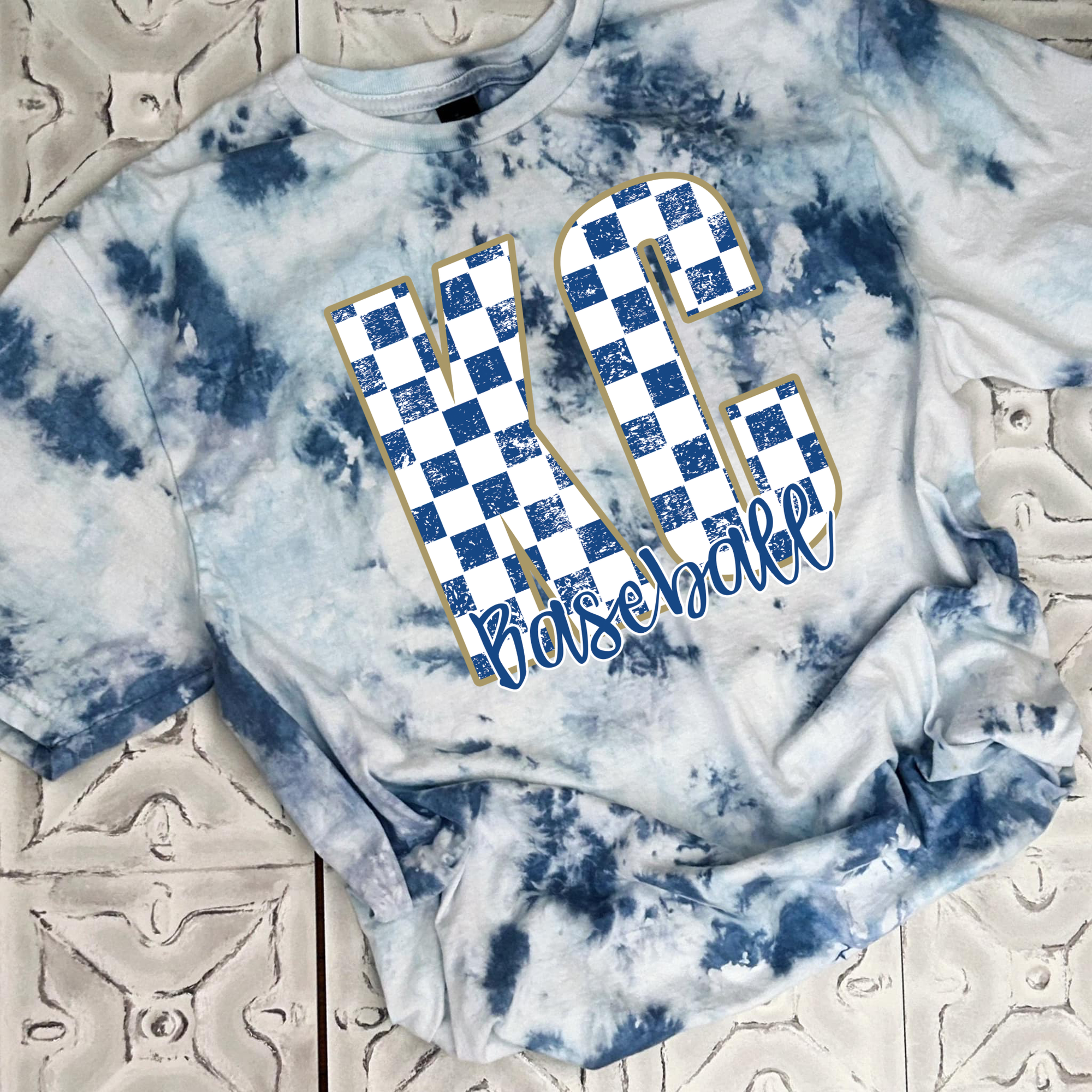 **PREORDER** Blue & White KC Checkered Baseball Blue Tie Dye Tee