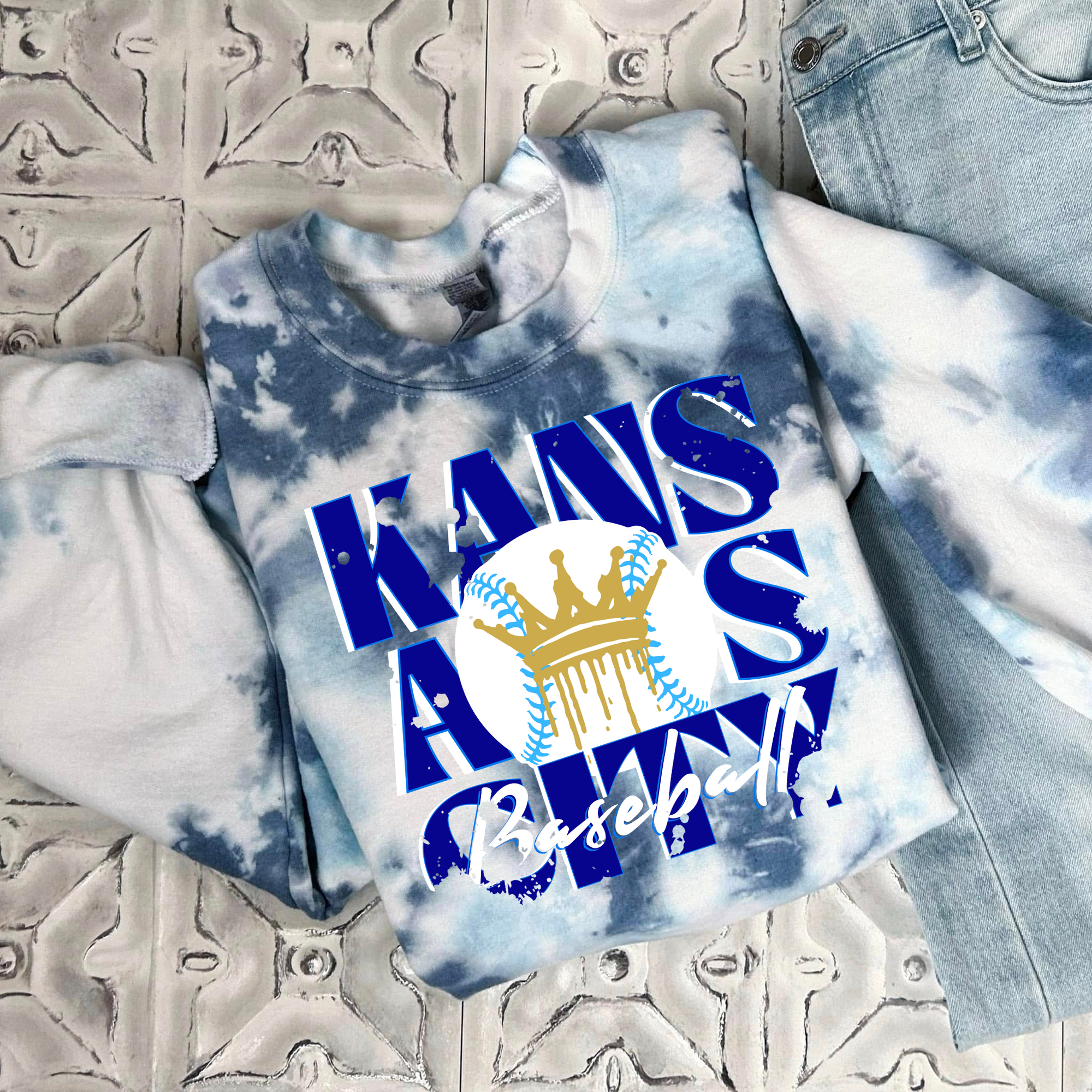 **PREORDER** Gold Crown White Baseball Kansas City Blue Tie Dye Sweatshirt