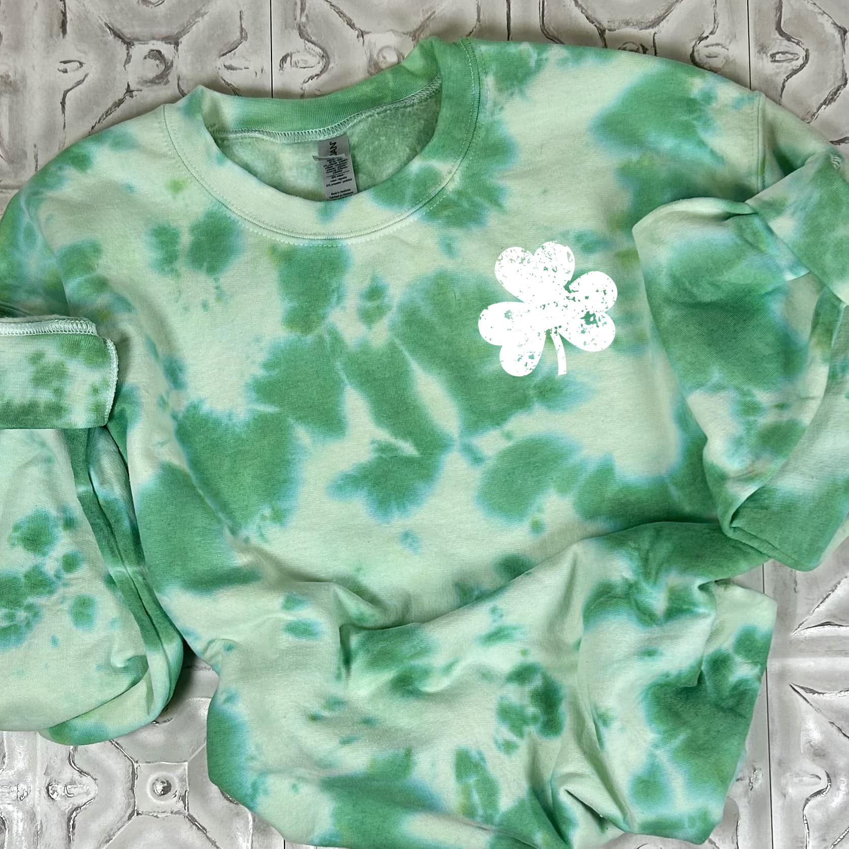 **PREORDER** Left Chest Distressed White Shamrock Green Tie Dye Sweatshirt