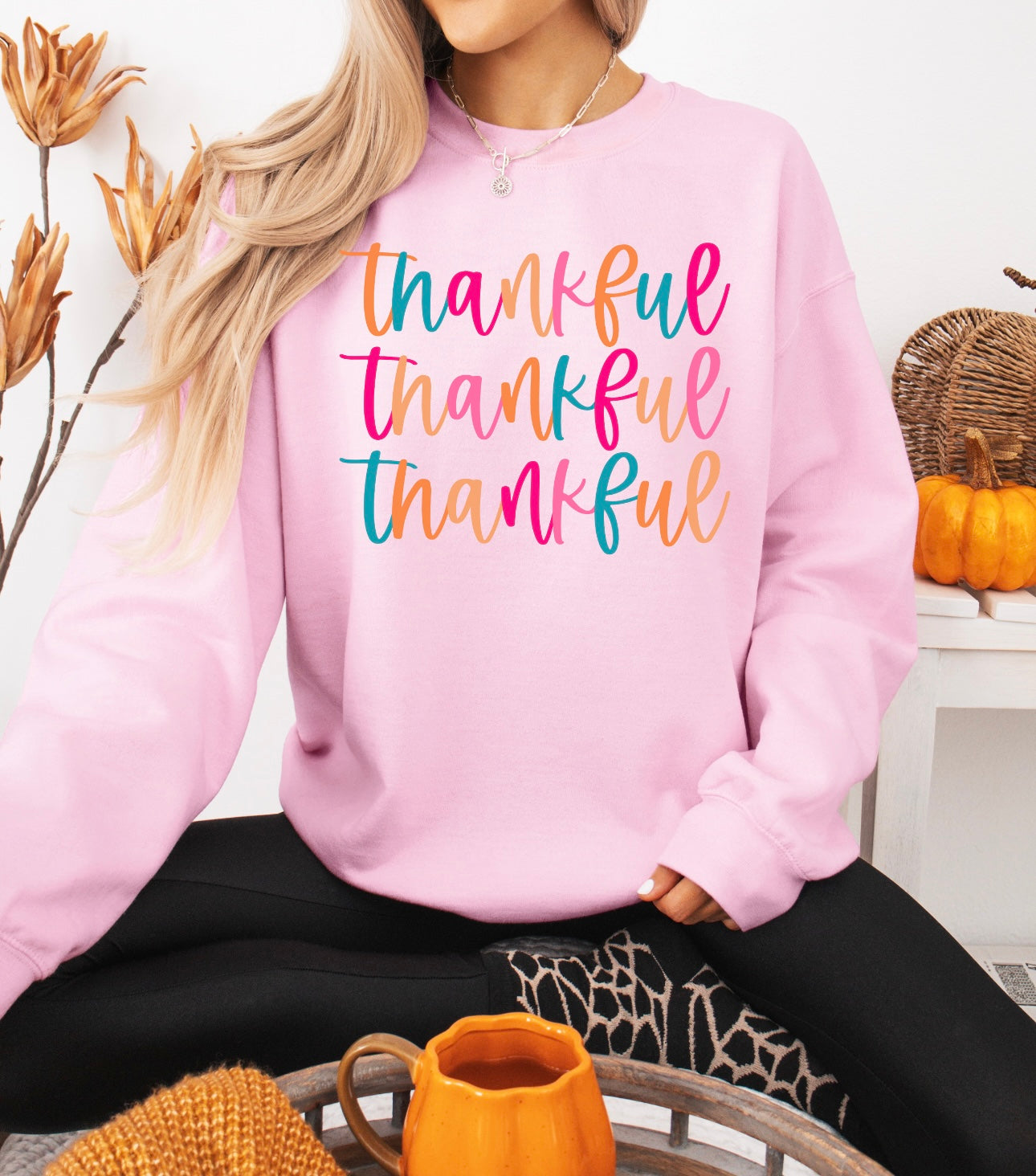 Colorful Thankful Repeat Light Pink Sweatshirt