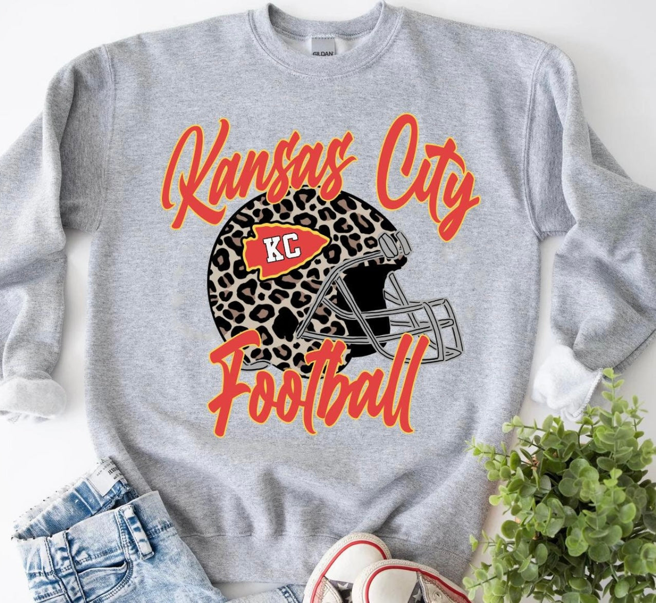 **HALFTIME DEAL** KC Leopard Helmet Football Sports Grey Sweatshirt