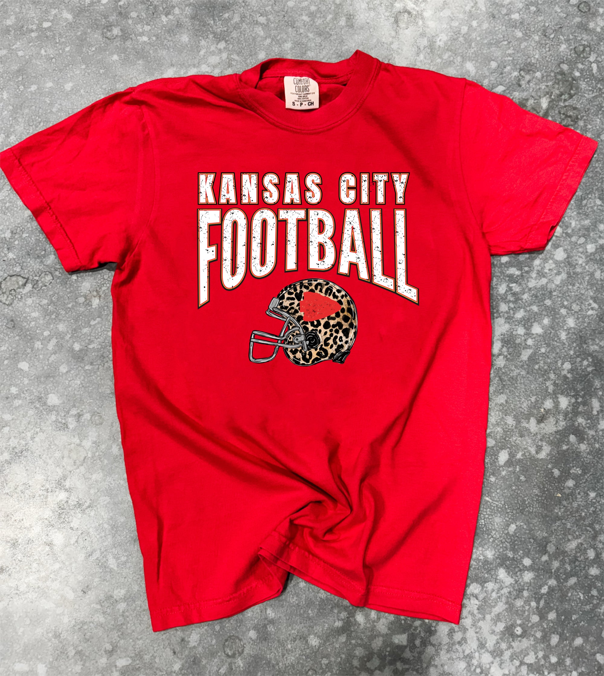 White Distressed Kansas City Football Leopard Helmet Red Tee