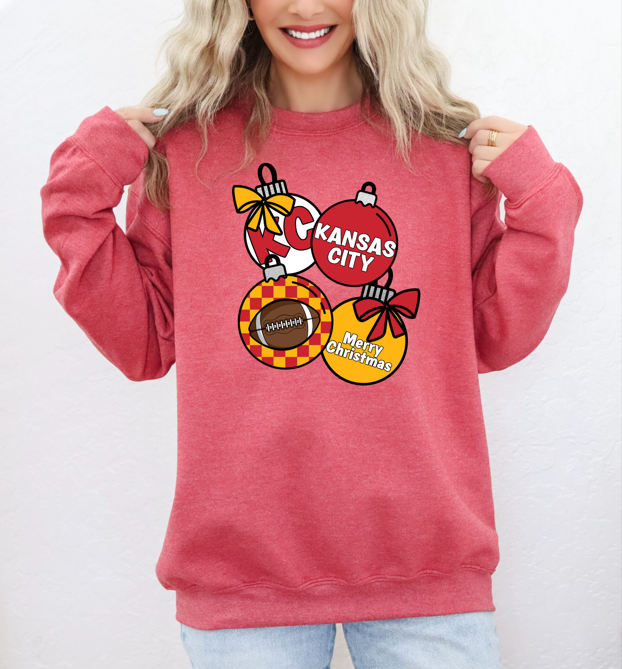 **HALFTIME DEAL** Merry Christmas Kansas City Christmas Bulbs Heather Red Sweatshirt