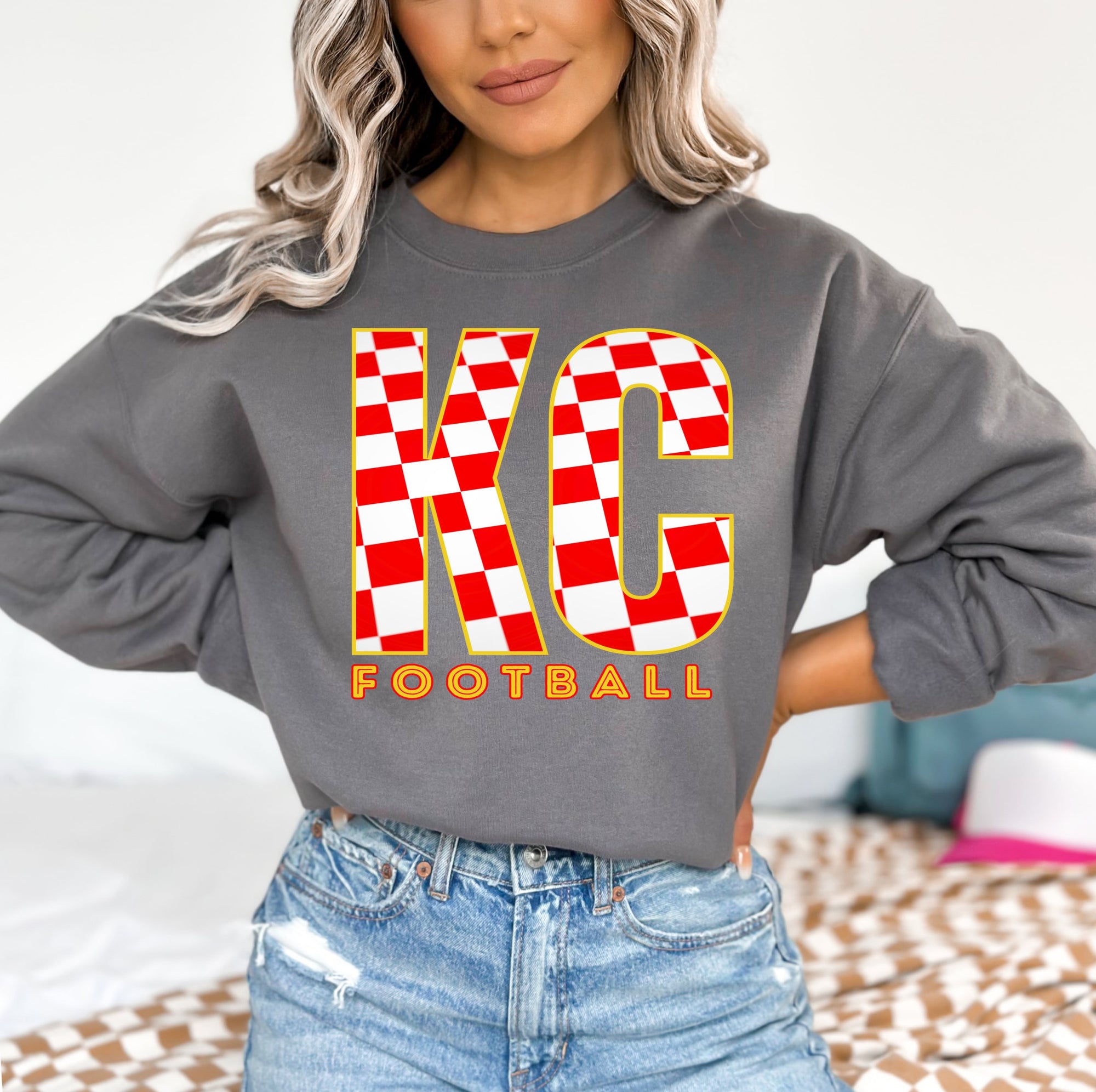 **HALFTIME DEAL** Red & White KC Checkered Gold Football Charcoal Sweatshirt