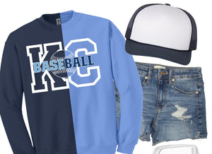 **PREORDER** White KC Baseball Stitching Blue & Navy Split Sweatshirt