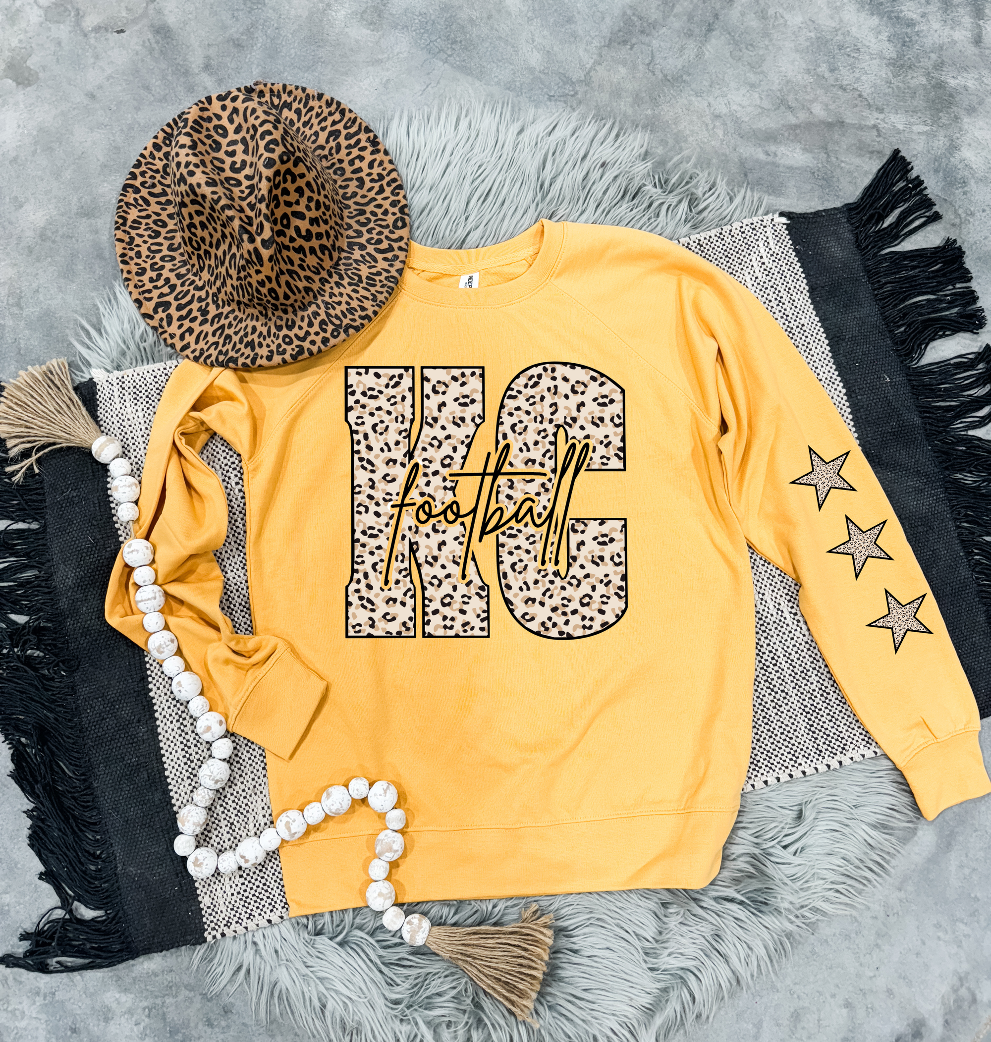 Natural Leopard KC Script Football & Leopard Stars Sleeve Harvest Gold Sweatshirt