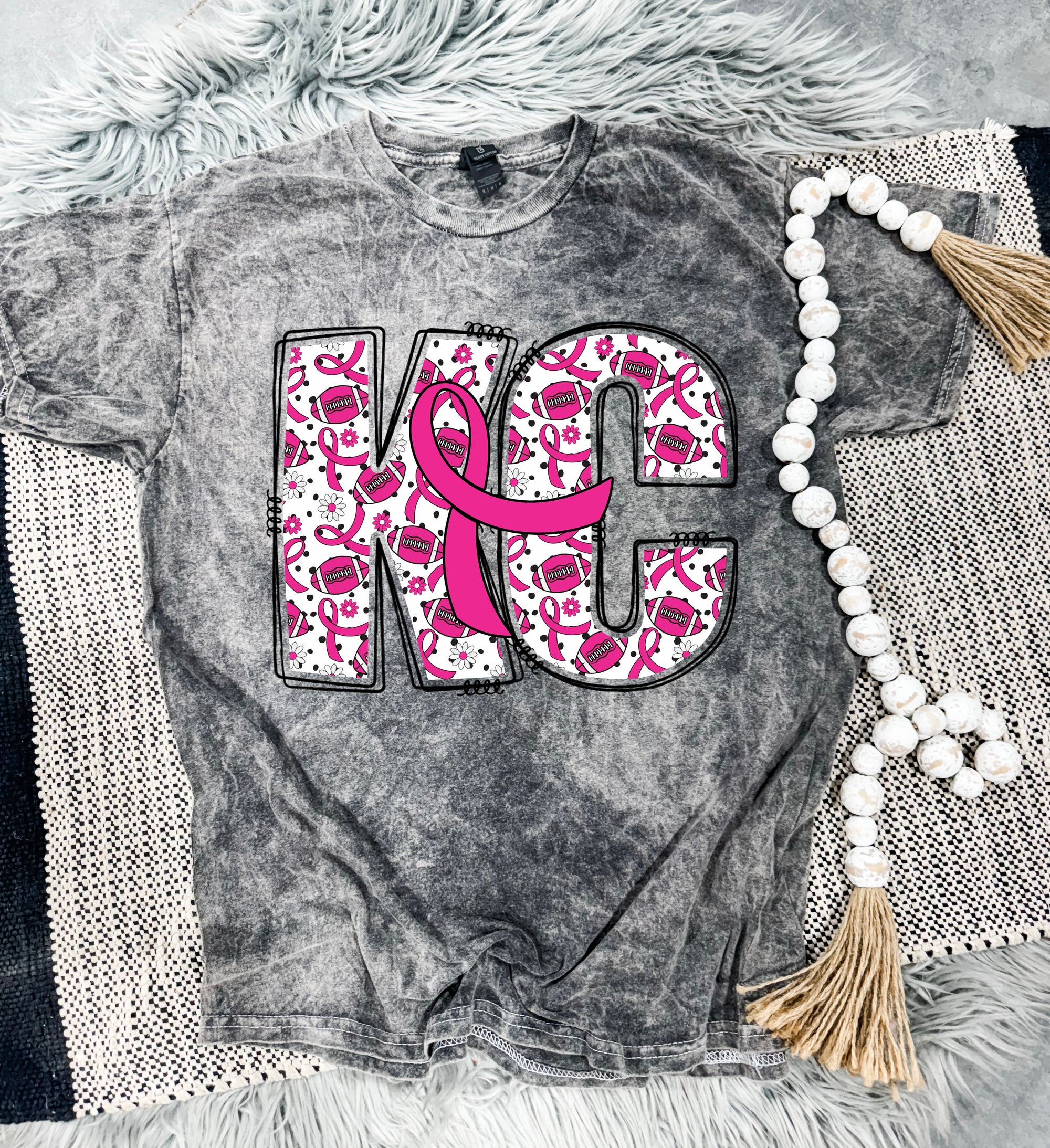 KC Pink Football & Ribbons Grey Mineral Wash Tee