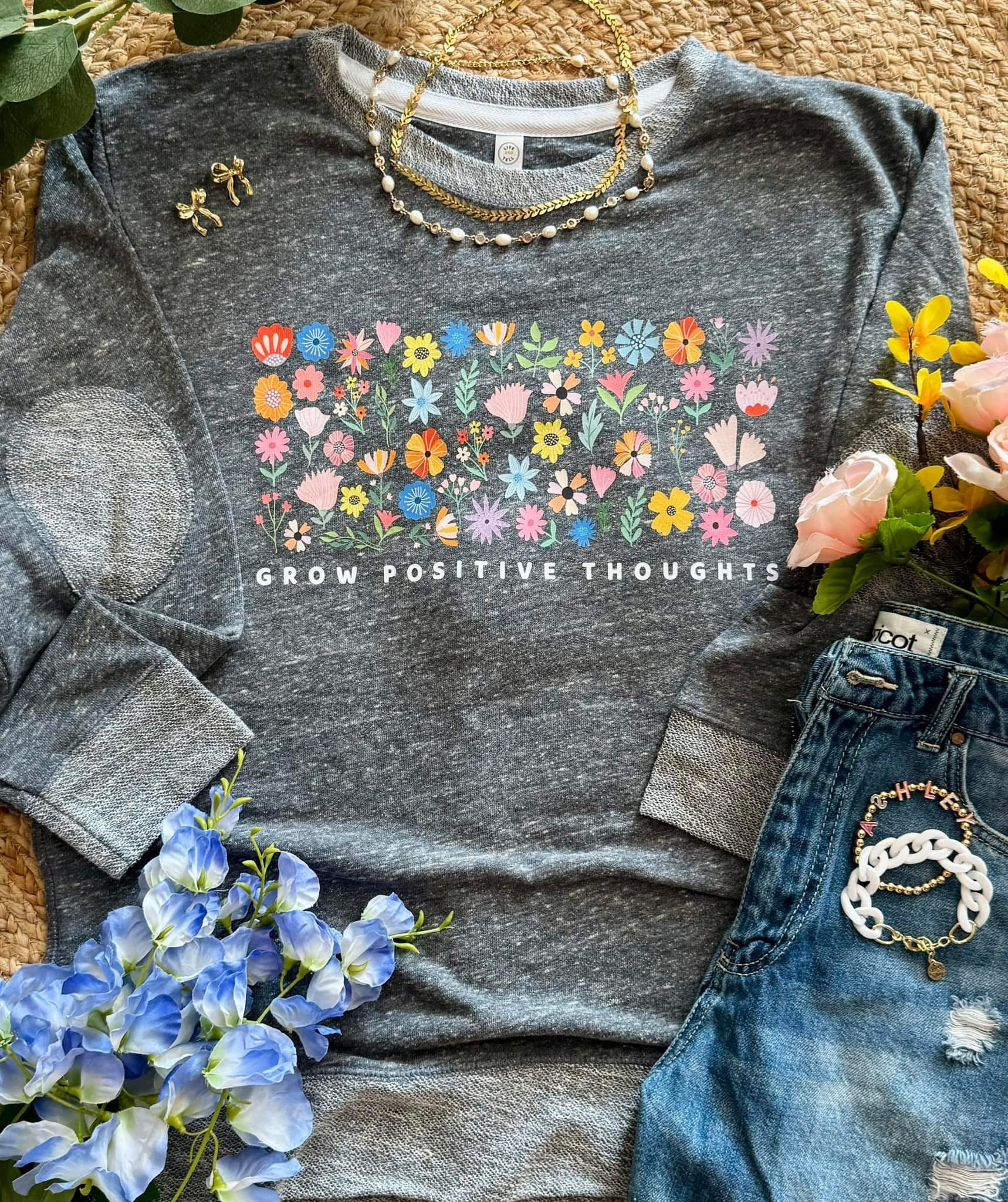 Spring Floral Grow Positive Thoughts Navy French Terry Pullover