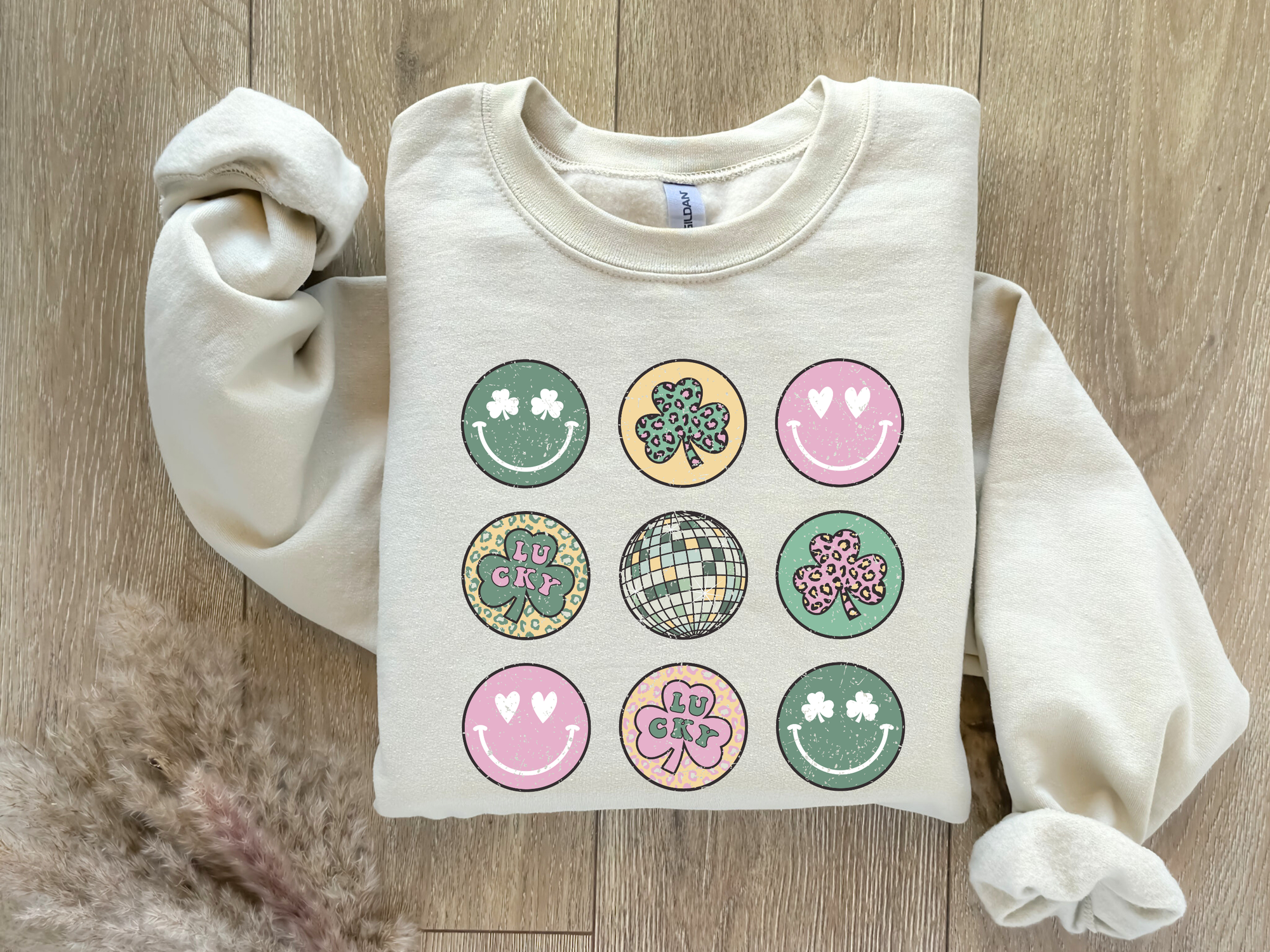 Shamrock Smiley Collage Sand Sweatshirt